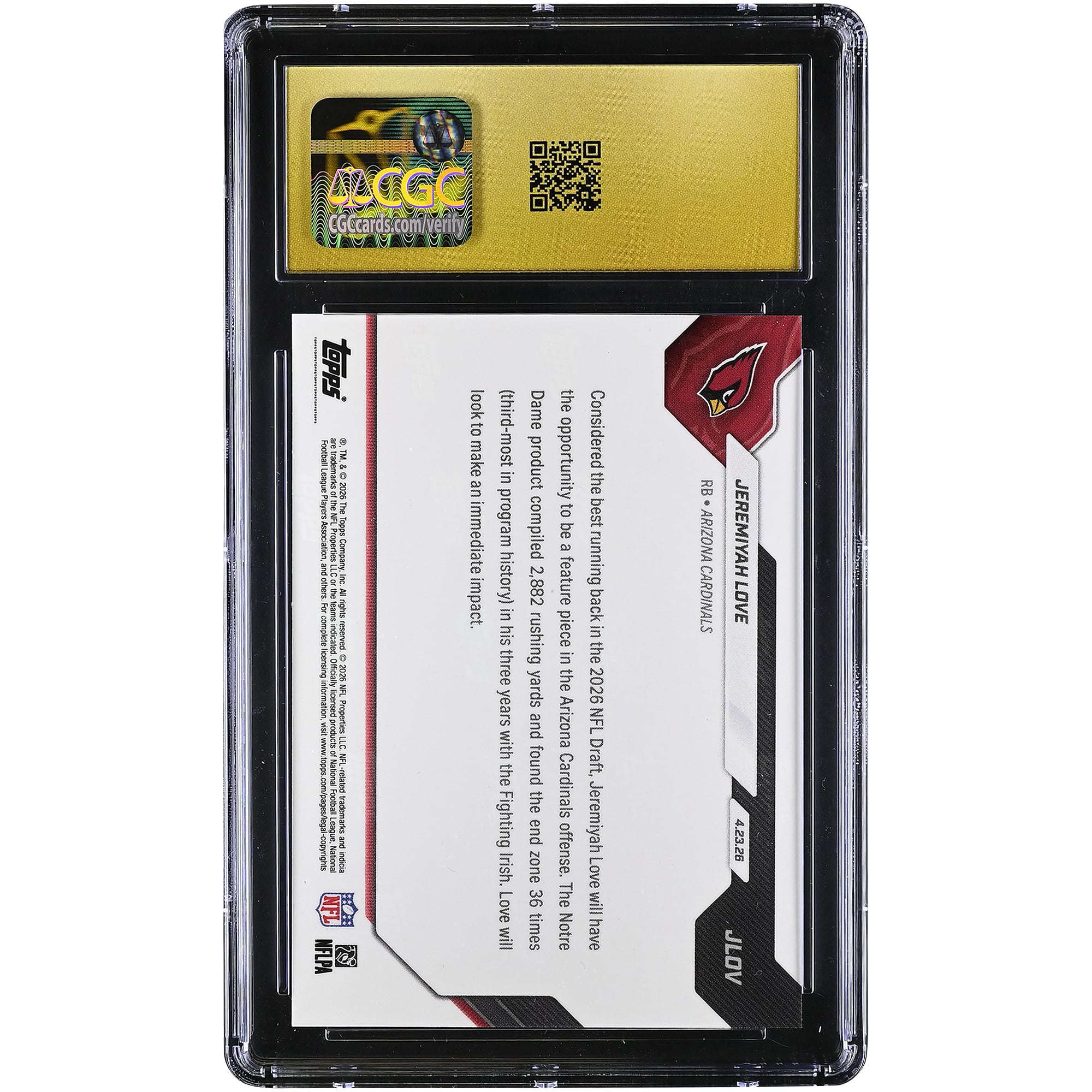 Jeremiyah Love Arizona Cardinals 2026 Topps Now Cardinals 3rd Overall '26 NFL Draft Selection #JLOV CGC Authenticated PRISTINE 10 Rookie Card