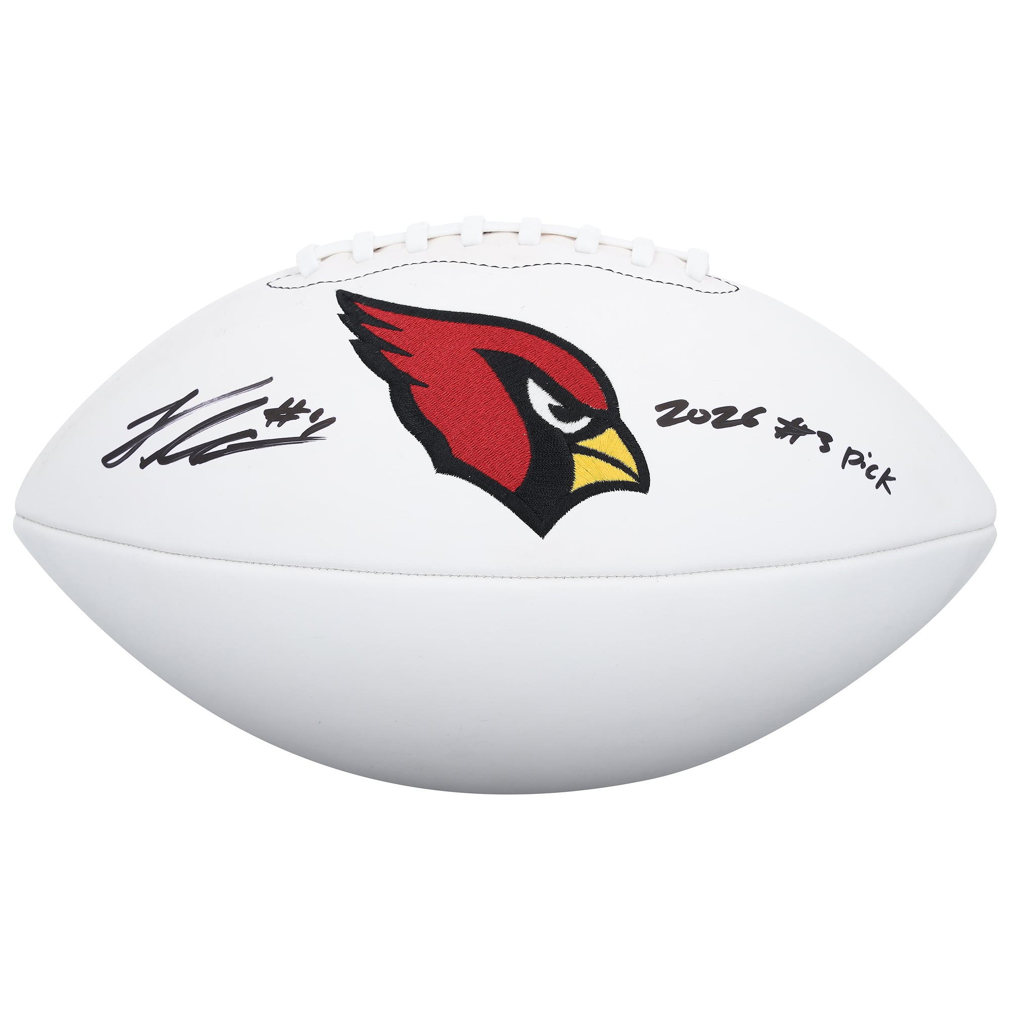 Ballon de football américain Wilson White Panel autographié par Jeremiyah Love, des Cardinals de l'Arizona, avec inscription « 3e choix de la saison 2026 ».