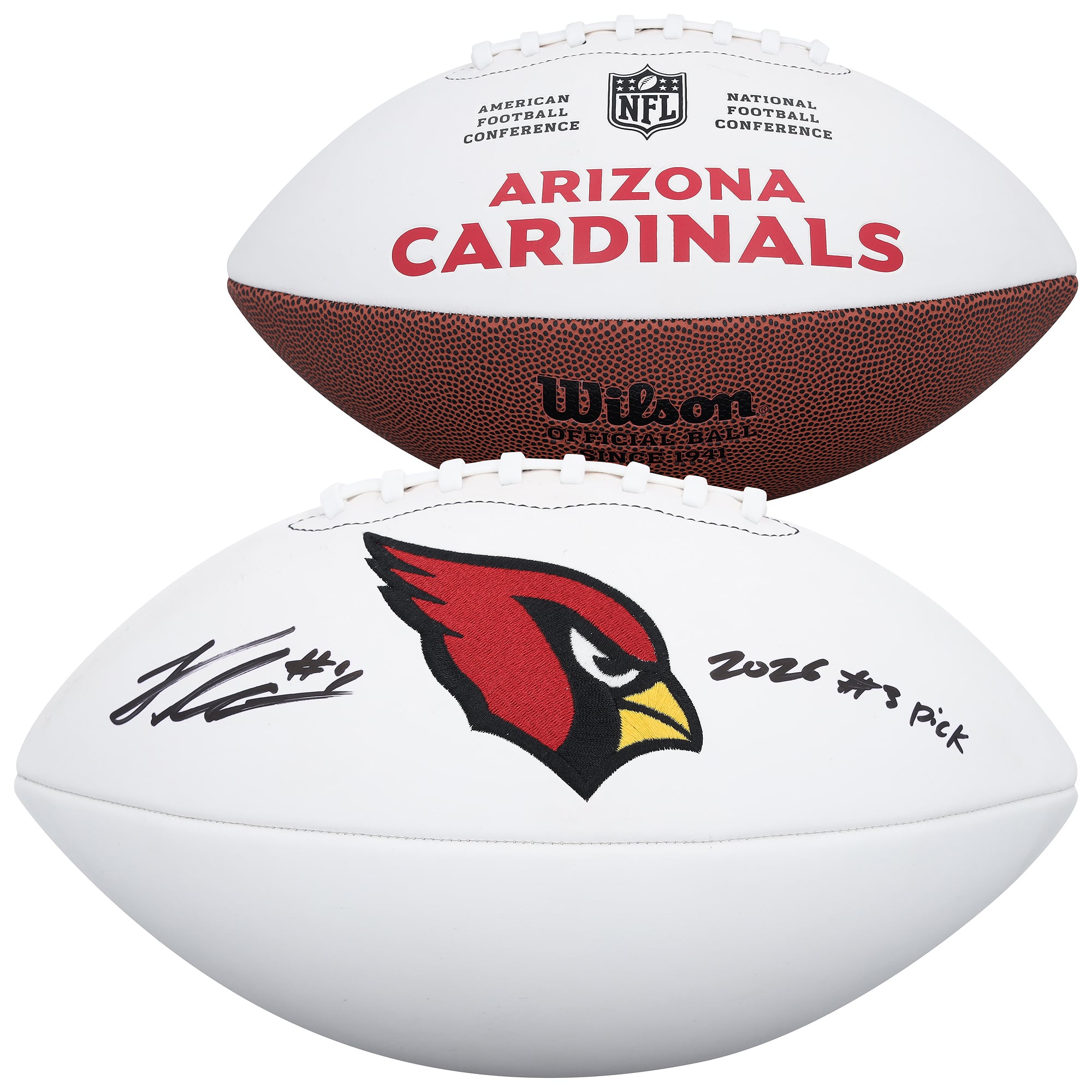Ballon de football américain Wilson White Panel autographié par Jeremiyah Love, des Cardinals de l'Arizona, avec inscription « 3e choix de la saison 2026 ».