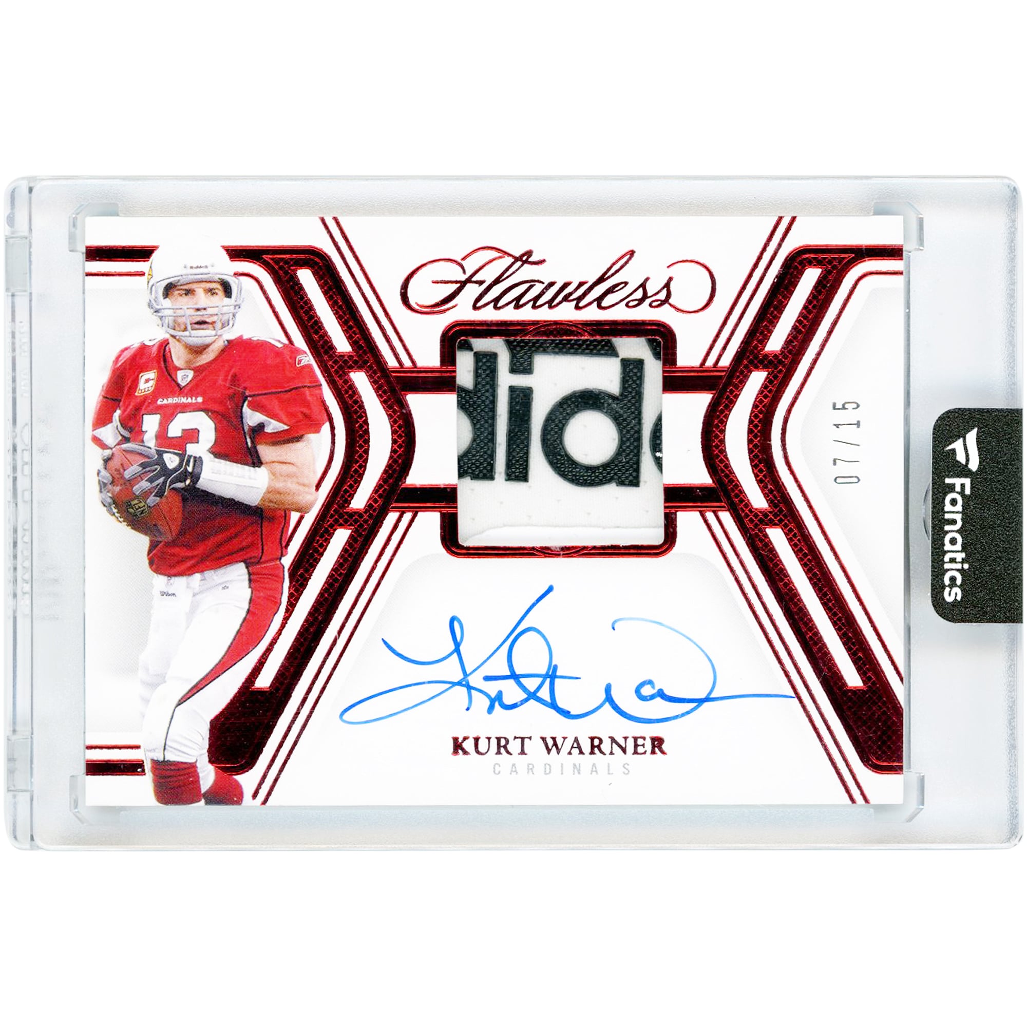 Kurt Warner Arizona Cardinals Autographed 2025 Panini Flawless Ruby Signatures Gloves Dual-Color adidas Name/Logo Relic #SG-KWR #7/15 Card