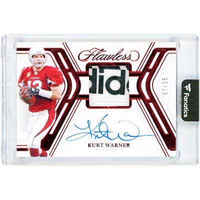 Kurt Warner Arizona Cardinals Autographed 2025 Panini Flawless Ruby Signatures Gloves Dual-Color adidas Name/Logo Relic #SG-KWR #7/15 Card
