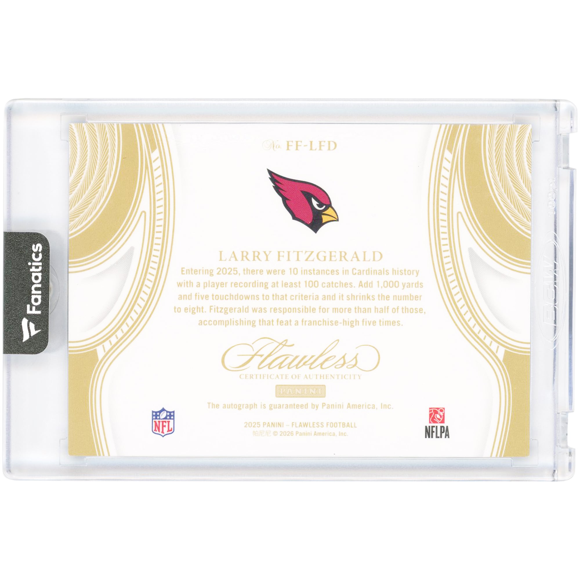 Carte autographiée de Larry Fitzgerald (Arizona Cardinals) - Collection Panini Flawless Flyers Sapphire 2025 #FF-LFD #3/10