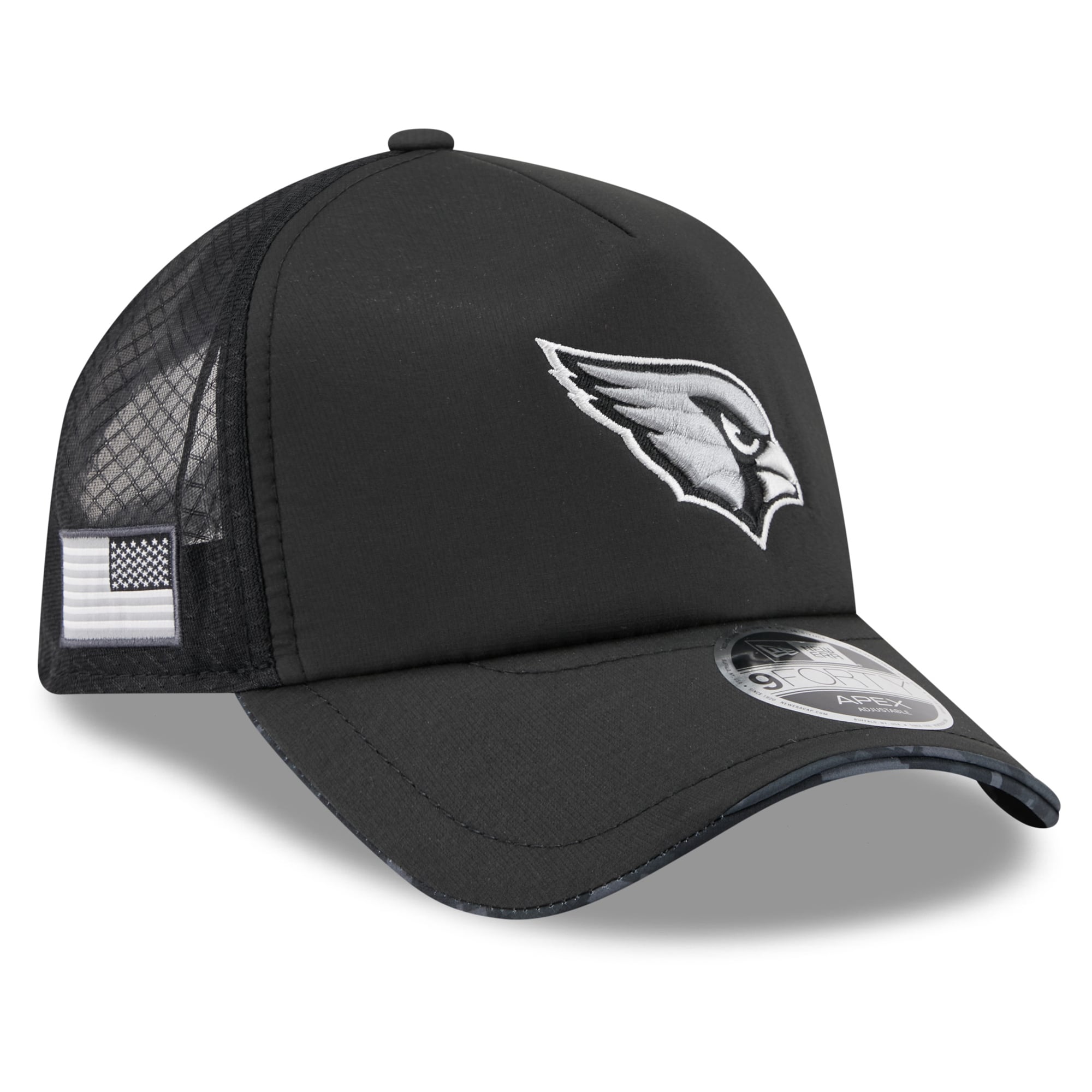 Men's New Era Black Arizona Cardinals 2026 Salute To Service Apex 9FORTY Adjustable Trucker Hat