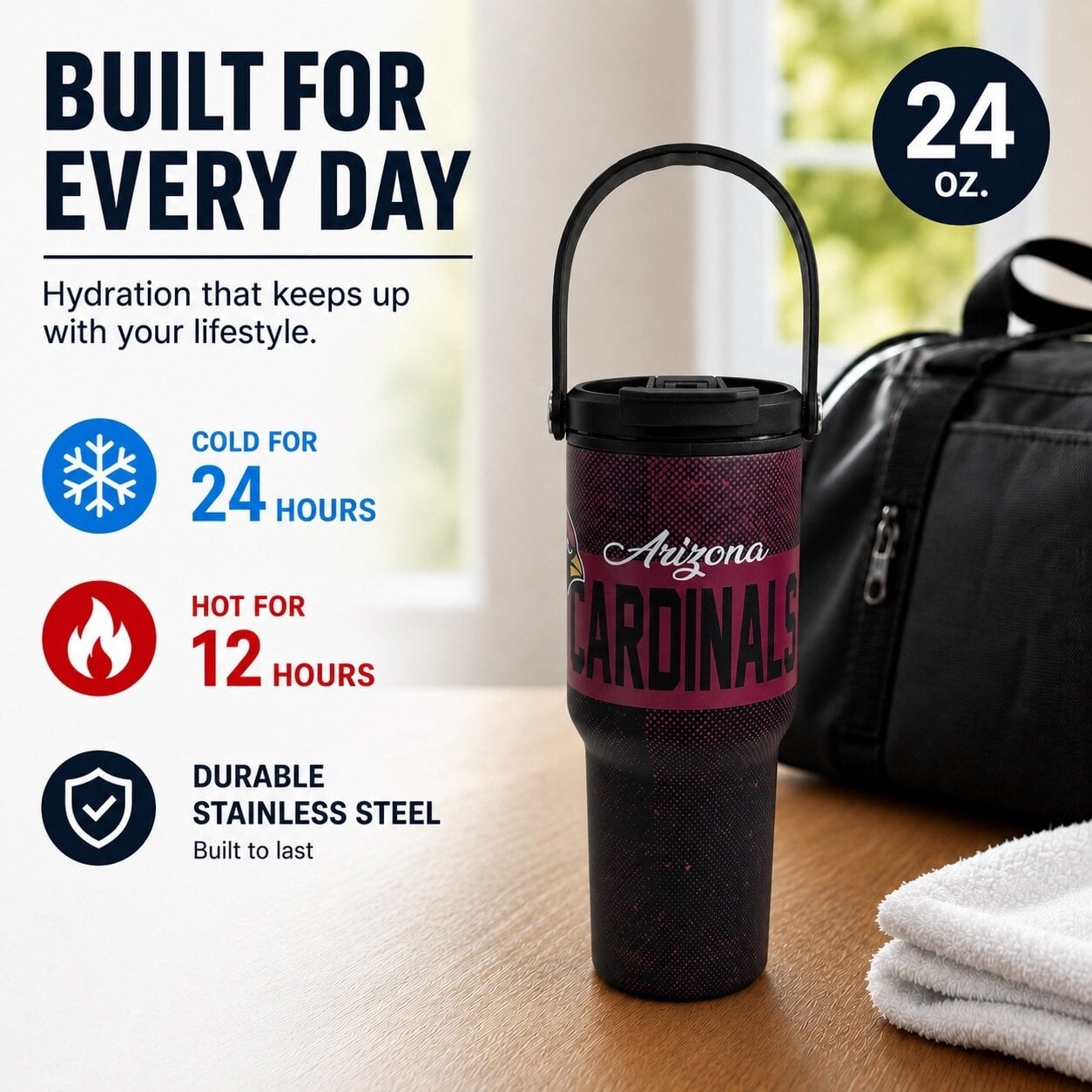 Gourde Pegasus Arizona Cardinals de 710 ml (24 oz) en acier inoxydable à dégradé moucheté et double bouchon