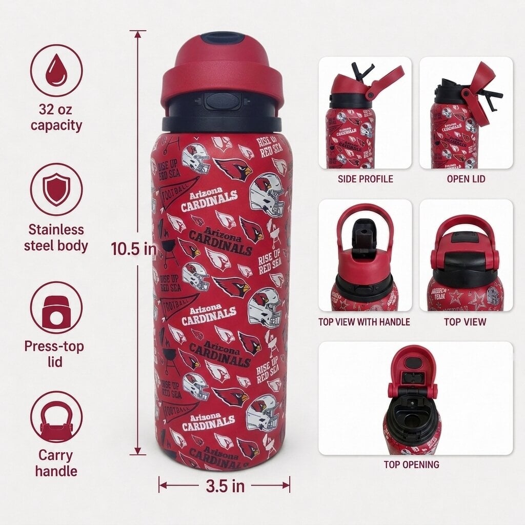 Gourde Pegasus Arizona Cardinals 32 oz, fanion de match, en acier inoxydable ProPress