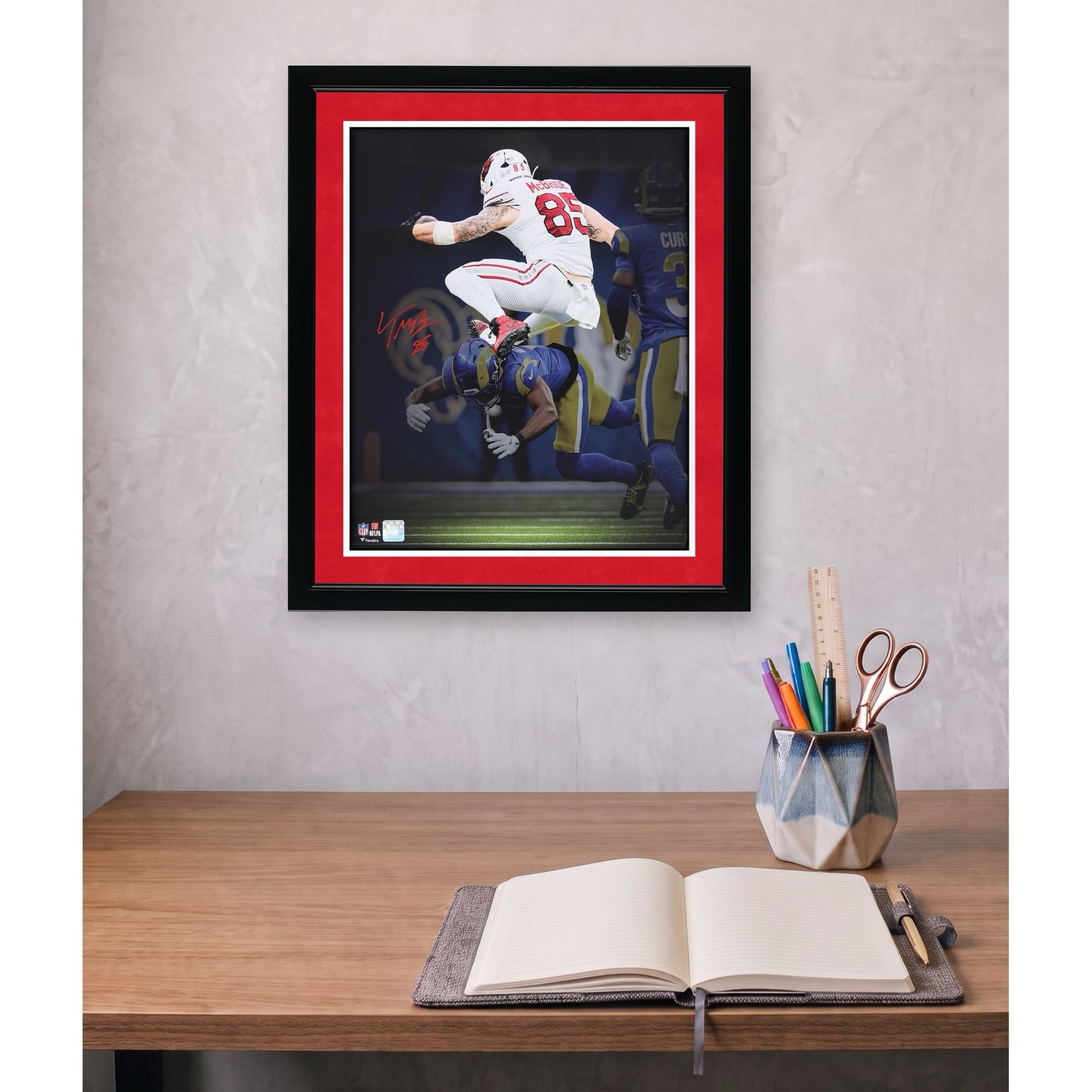 Trey McBride Arizona Cardinals Autographed 16" x 20" Hurdle Over Defender Photograph