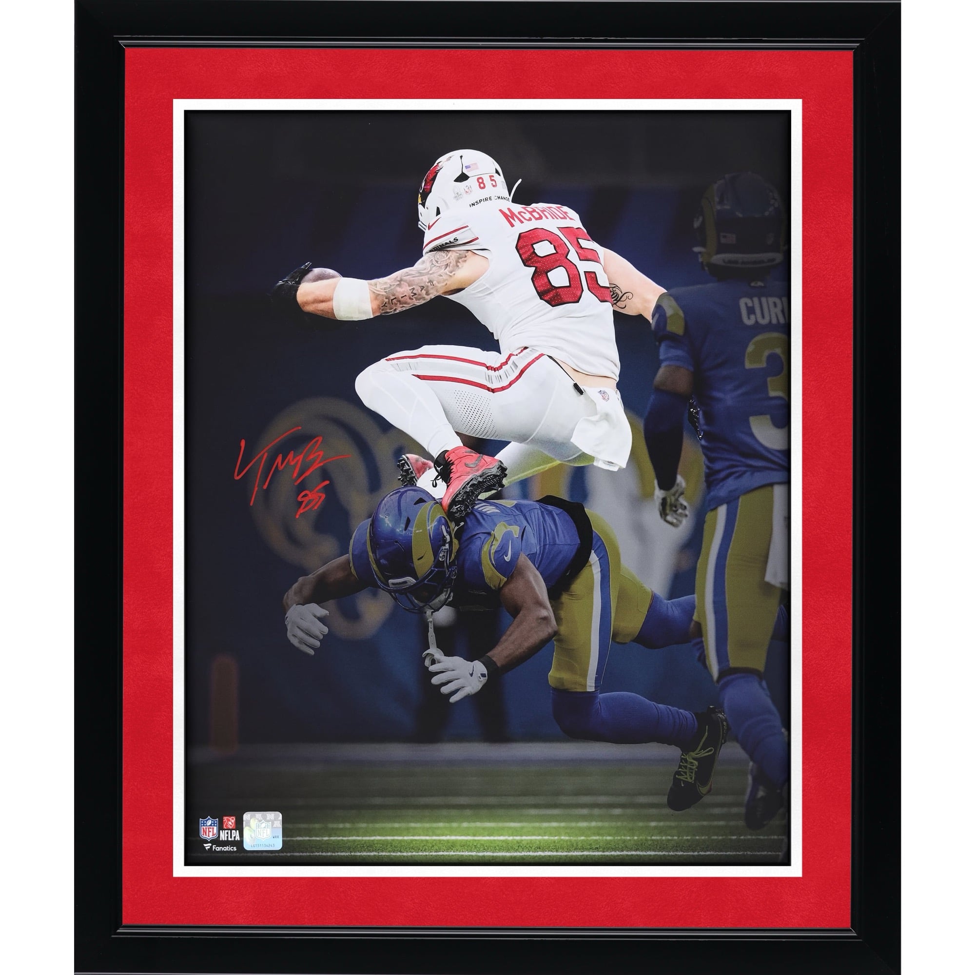 Trey McBride Arizona Cardinals Autographed 16" x 20" Hurdle Over Defender Photograph