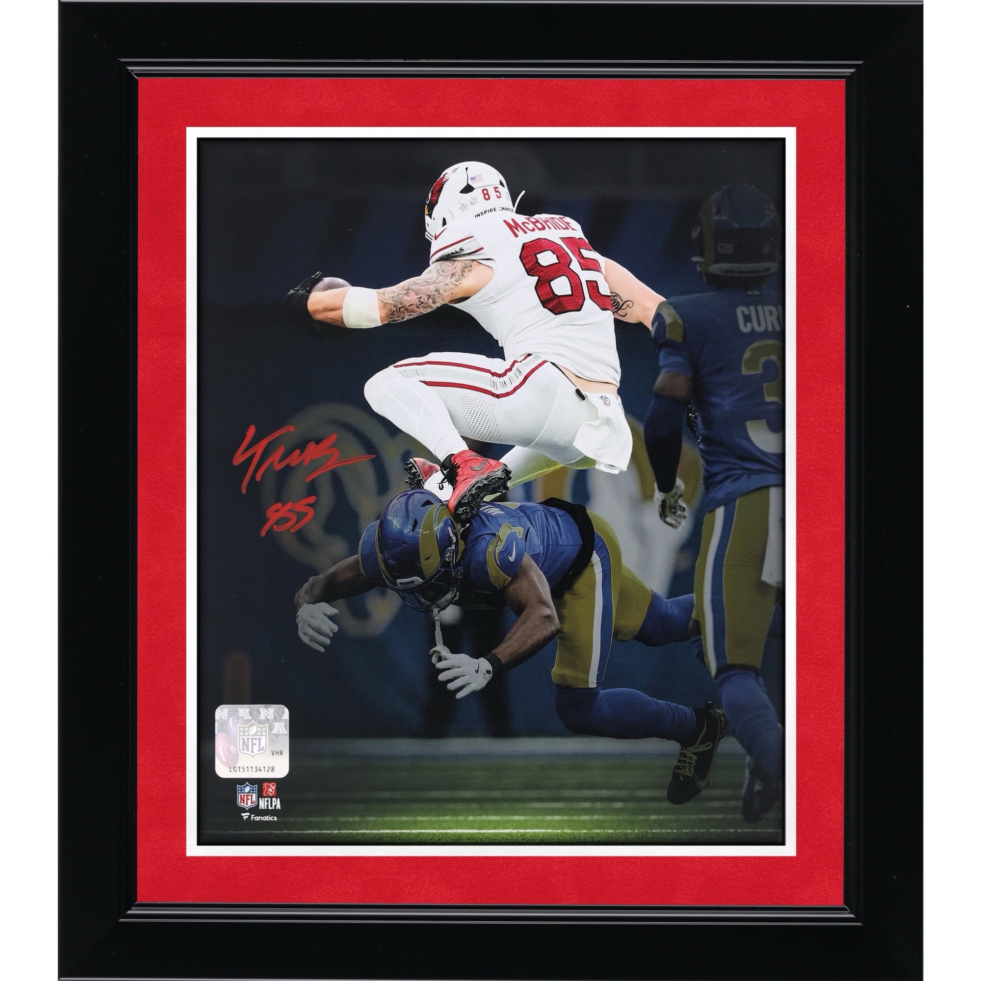 Trey McBride Arizona Cardinals Autographed 8" x 10" Hurdle Over Defender Photograph