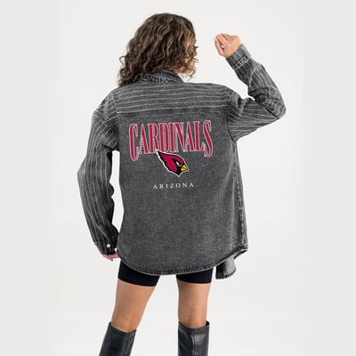  Arizona Cardinals Gameday Couture Women's End Zone Energy Rhinestone Washed Full-Snap Denim Overshirt - Black