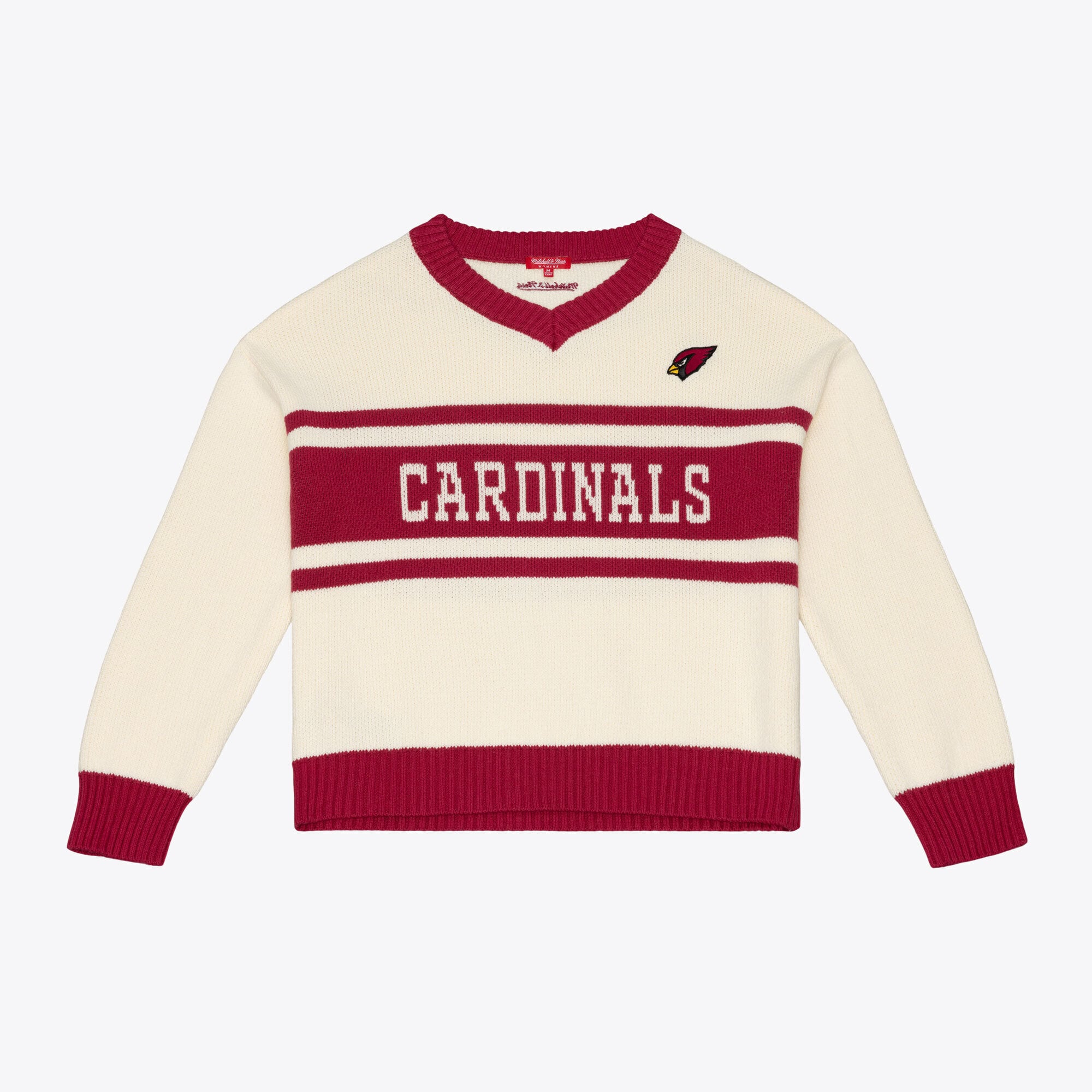 Pull à col en V Mitchell & Ness crème/rouge Arizona Cardinals Retro Roots pour femme
