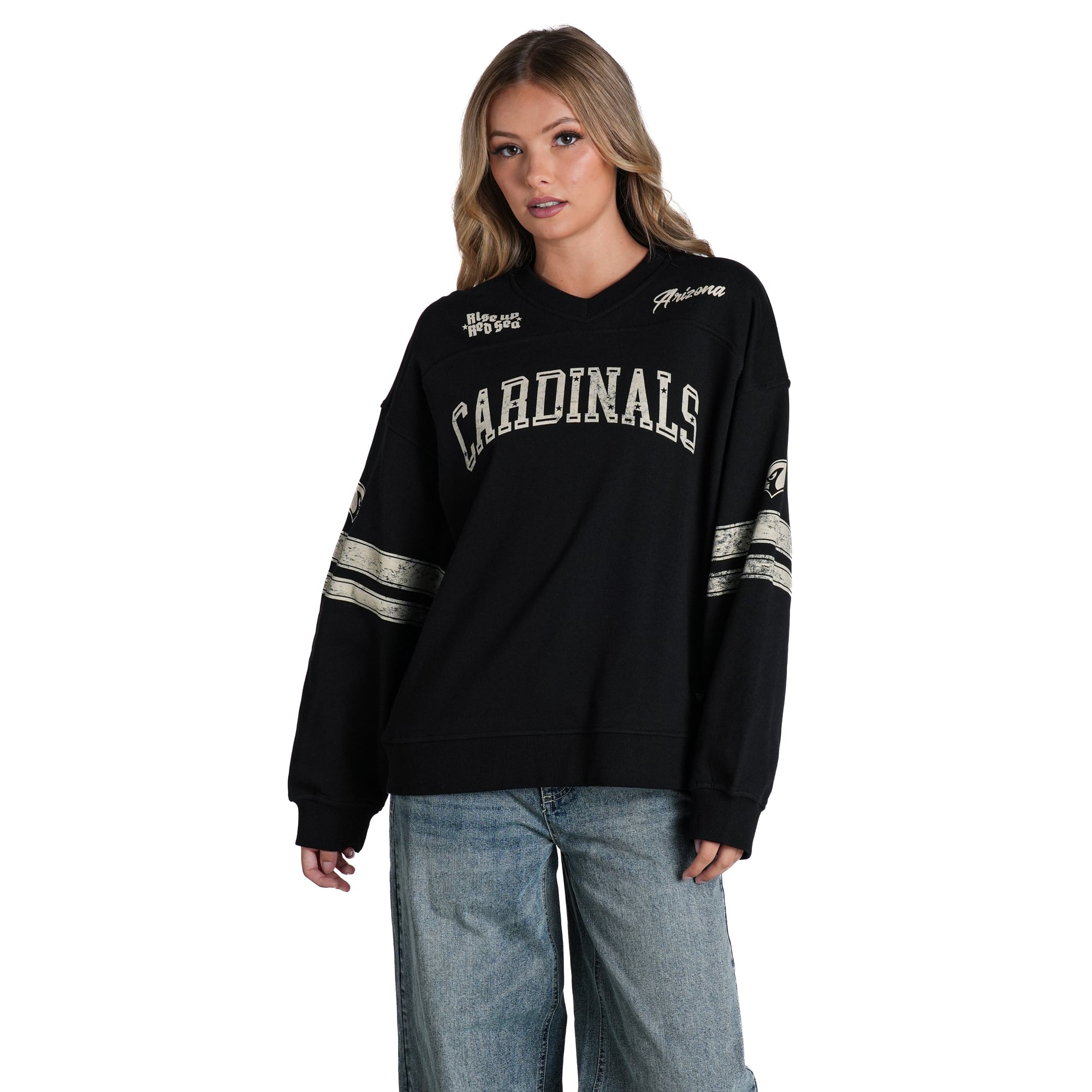 Sweat-shirt ample noir à col en V pour femme The Wild Collective Arizona Cardinals