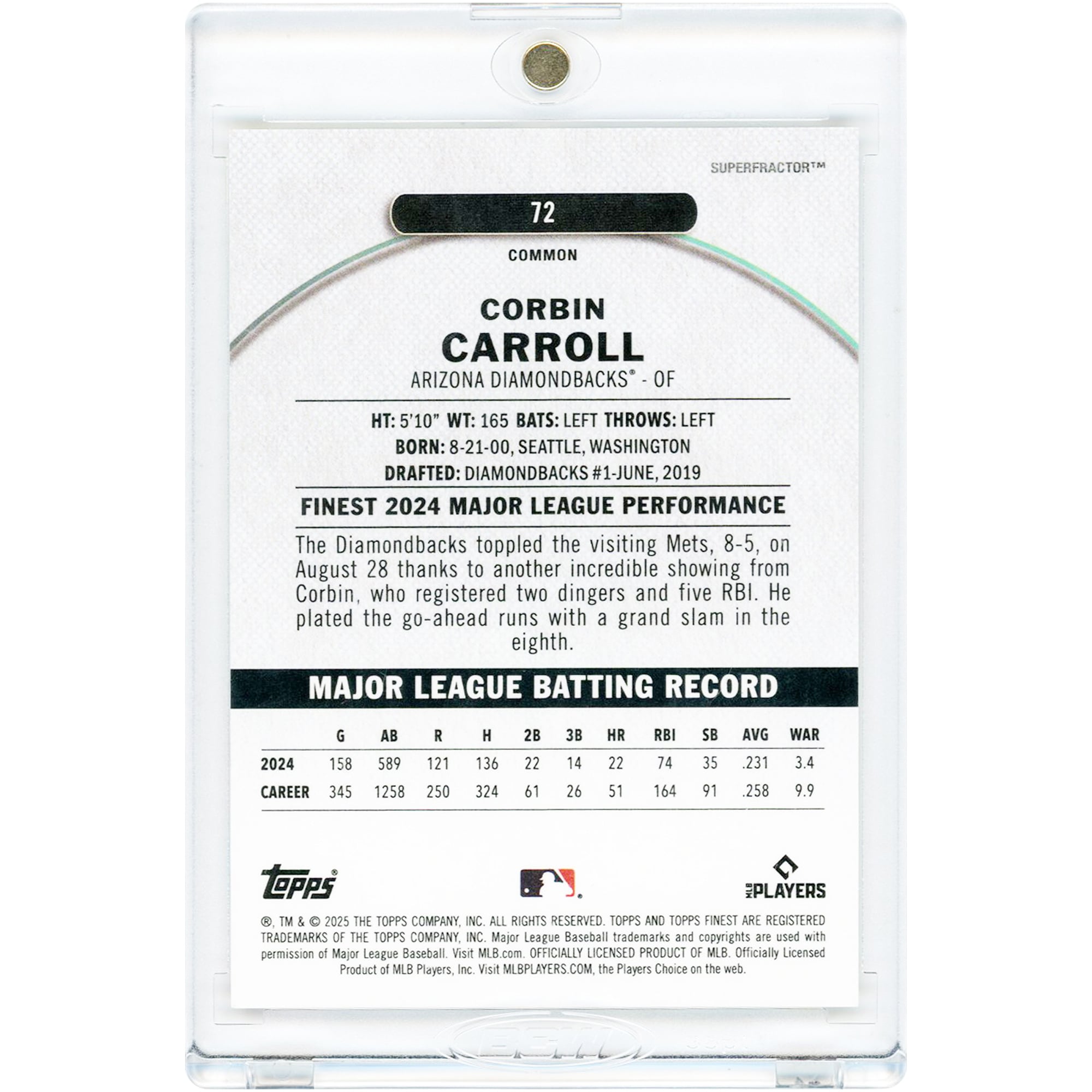 Carte Corbin Carroll Arizona Diamondbacks 2025 Topps Finest Superfractor n° 72 n° 1/1