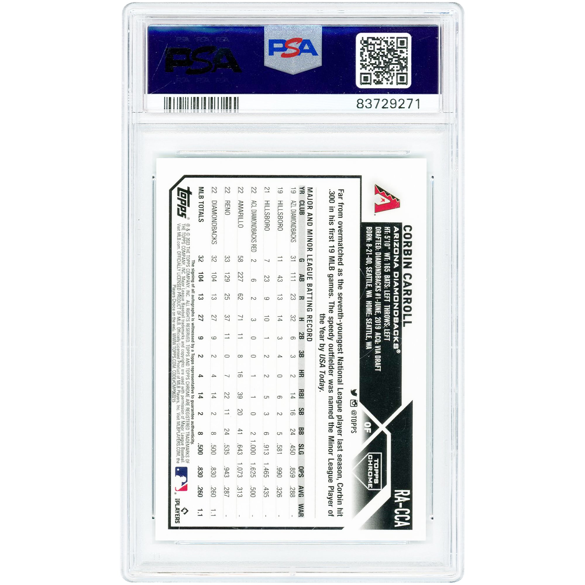 Carte recrue autographiée de Corbin Carroll (Arizona Diamondbacks), édition 2023 Topps Chrome Aqua Wave Refractor #RA-CCA #166/199, authentifiée PSA 9/10.