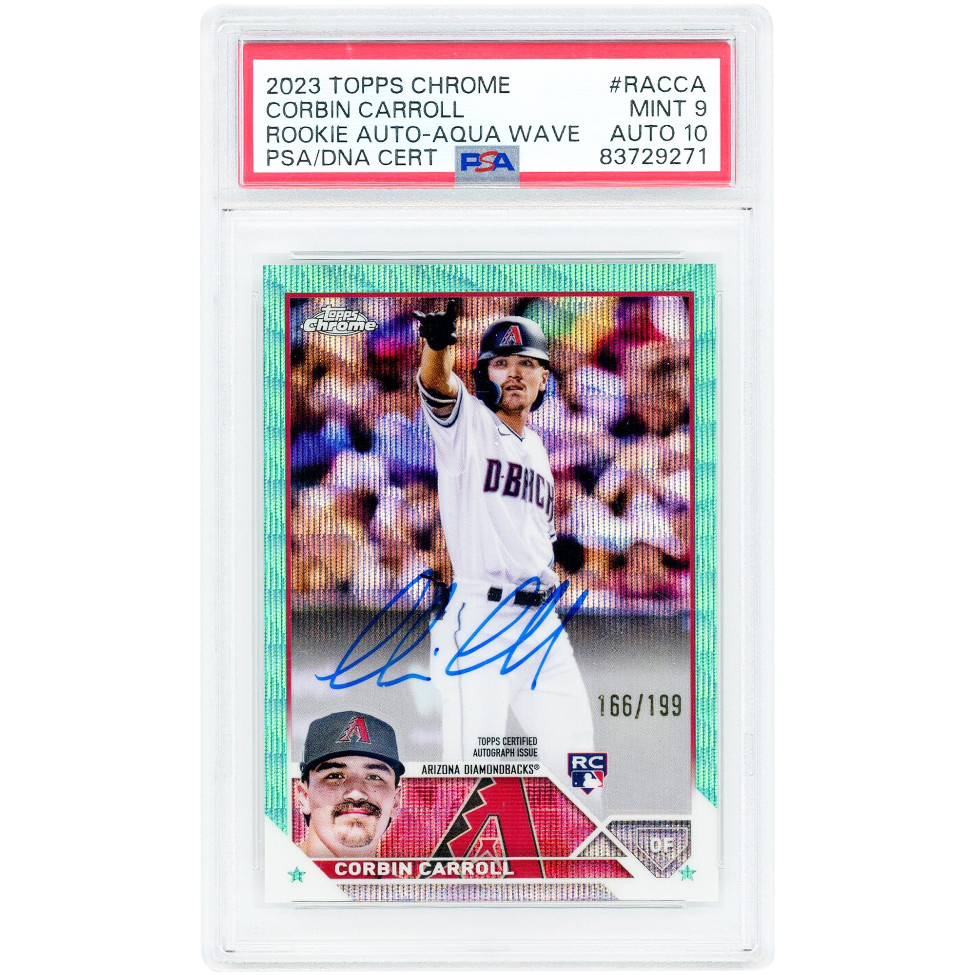 Corbin Carroll Arizona Diamondbacks Autographed 2023 Topps Chrome Aqua Wave Refractor #RA-CCA #166/199 PSA Authenticated 9/10 Rookie Card