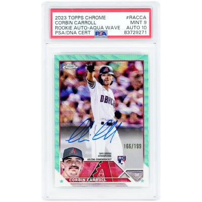 Corbin Carroll Arizona Diamondbacks Autographed 2023 Topps Chrome Aqua Wave Refractor #RA-CCA #166/199 PSA Authenticated 9/10 Rookie Card