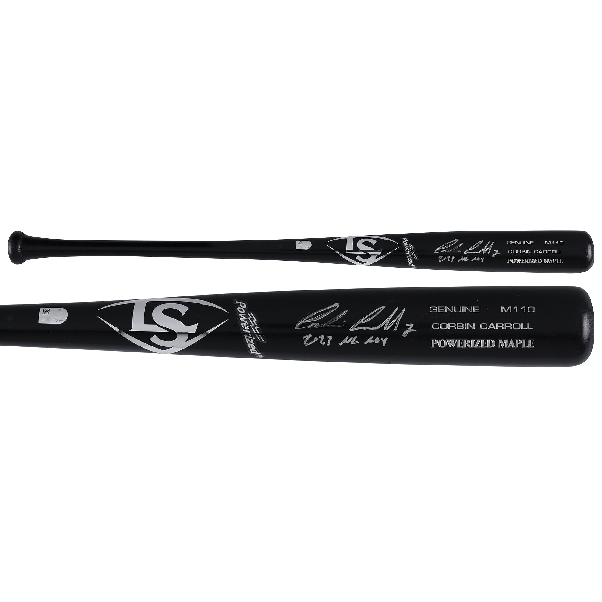 Batte de baseball Louisville Slugger noire autographiée par Corbin Carroll, des Diamondbacks de l'Arizona, modèle de jeu, avec inscription « 2023 NL ROY »