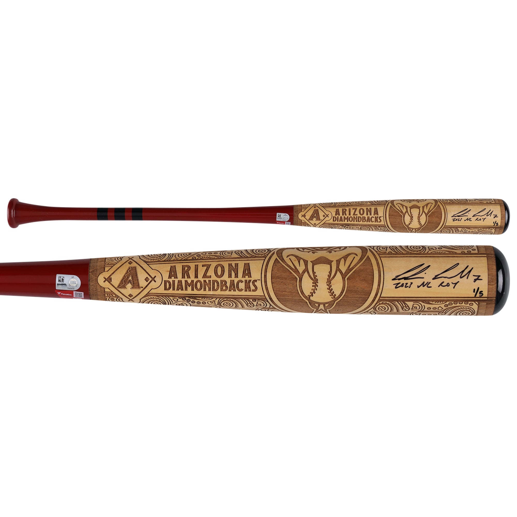 Bâton de baseball autographié par Corbin Carroll (Arizona Diamondbacks), série Pillbox Bat Company Mural, avec inscription « 23 NL ROY » - Édition limitée n° 1/5