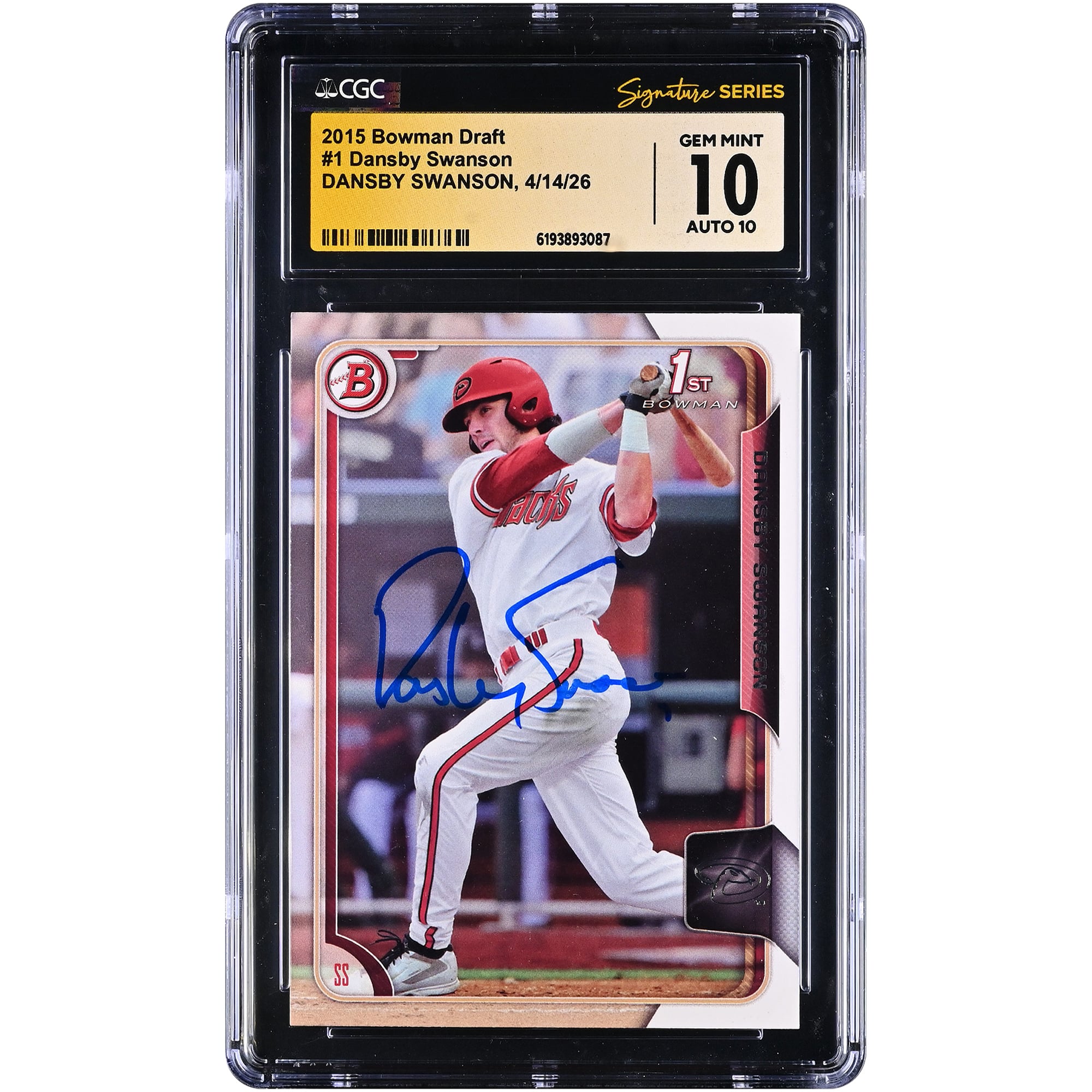Carte autographiée de Dansby Swanson (Arizona Diamondbacks), repêchage Bowman 2015, numéro 1, authentifiée par CGC Fanatics Witnessed (10/10).