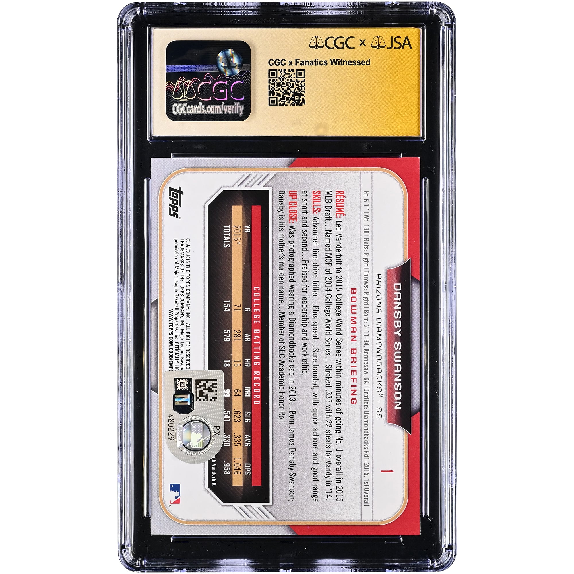 Dansby Swanson Arizona Diamondbacks Autographed 2015 Bowman Draft #1 CGC Fanatics Witnessed Authenticated /10 Card