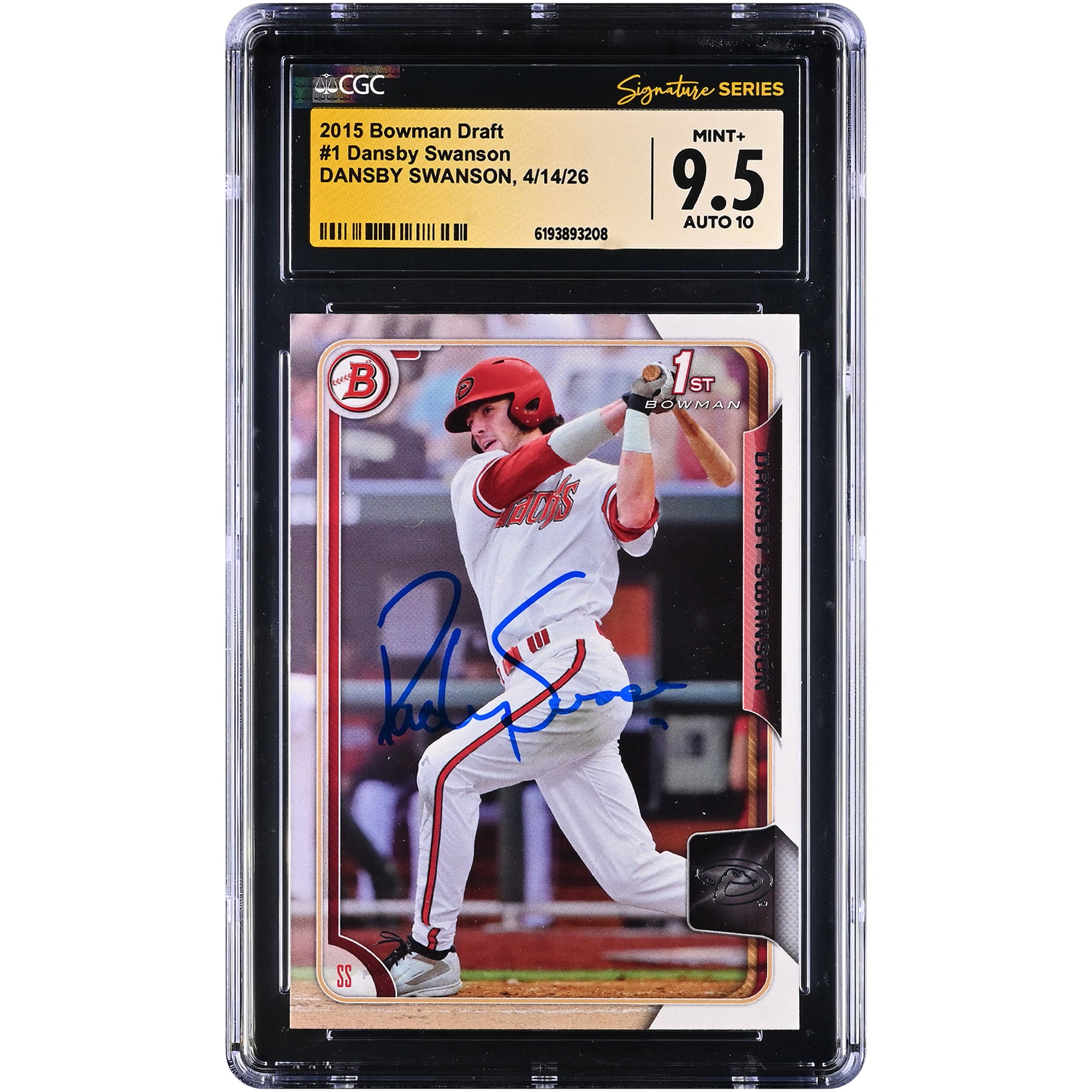 Carte autographiée de Dansby Swanson (Arizona Diamondbacks), repêchage Bowman 2015, numéro 1, authentifiée par Fanatics Witnessed (CGC), état 9,5/10.