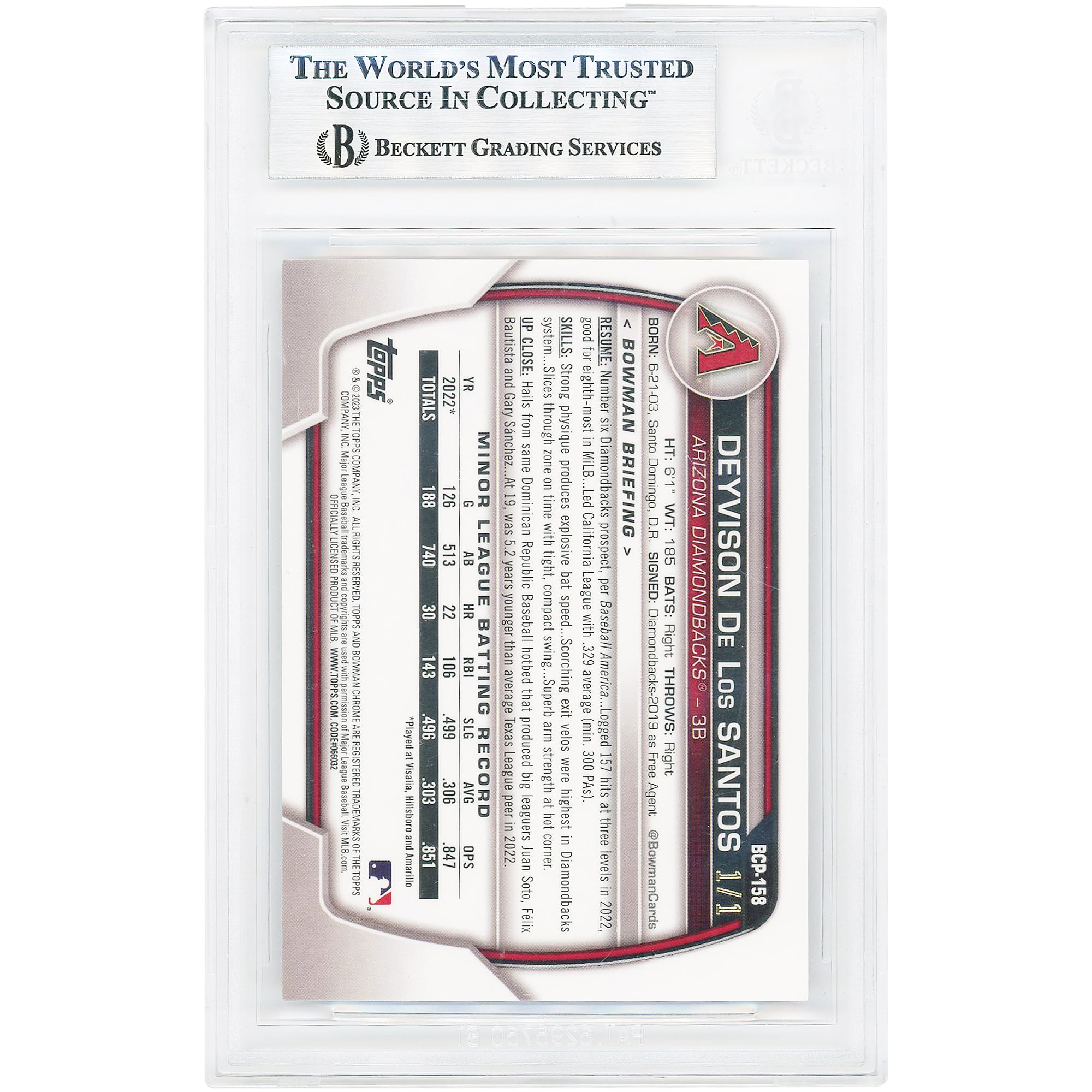 Deyvison De Los Santos Arizona Diamondbacks 2023 Bowman Chrome Mega Box Prospects Black Refractor #BCP-158 #1/1 Authentifié BGS 8 cartes - Sous-notes 9, 8, 8, 8,5