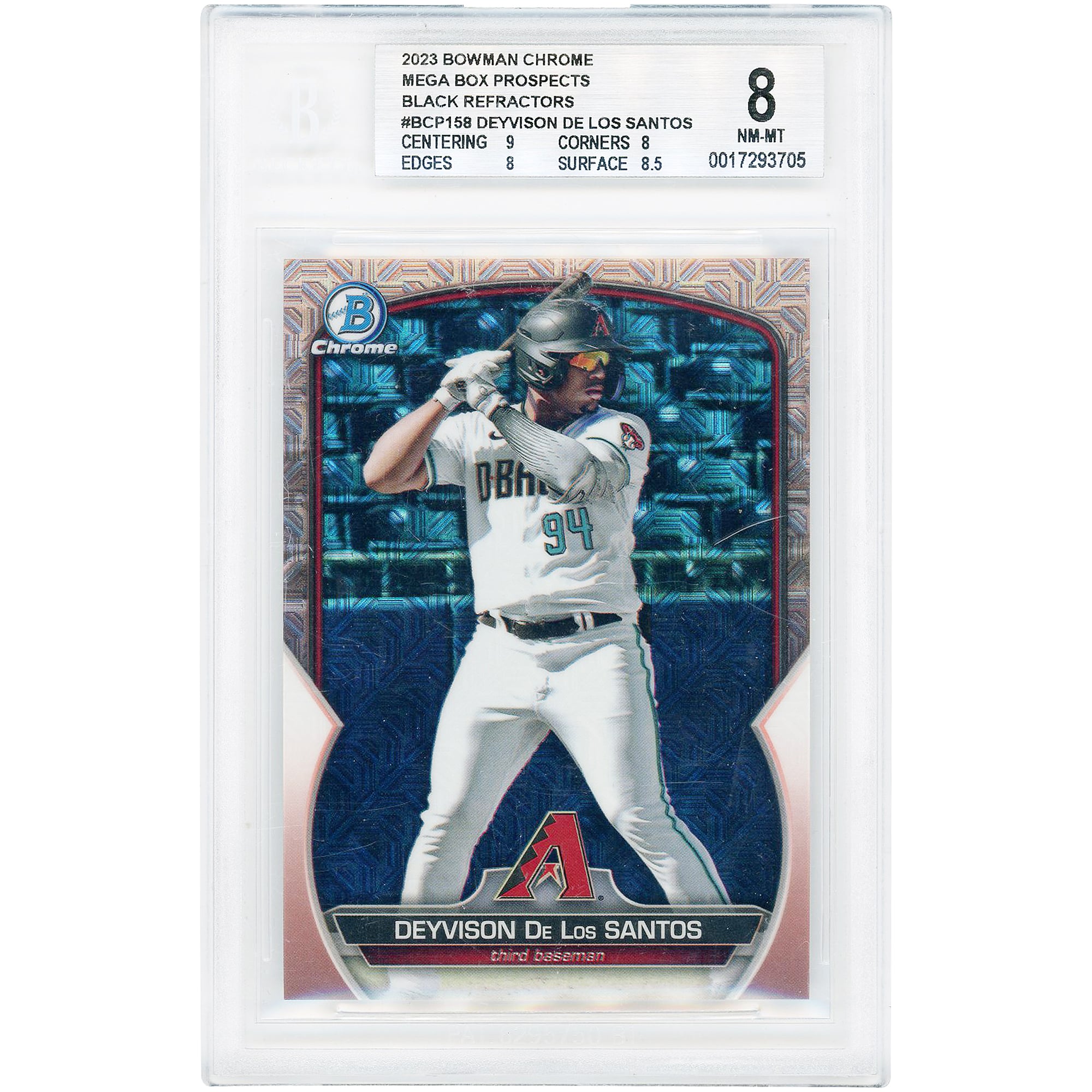 Deyvison De Los Santos Arizona Diamondbacks 2023 Bowman Chrome Mega Box Prospects Black Refractor #BCP-158 #1/1 Authentifié BGS 8 cartes - Sous-notes 9, 8, 8, 8,5