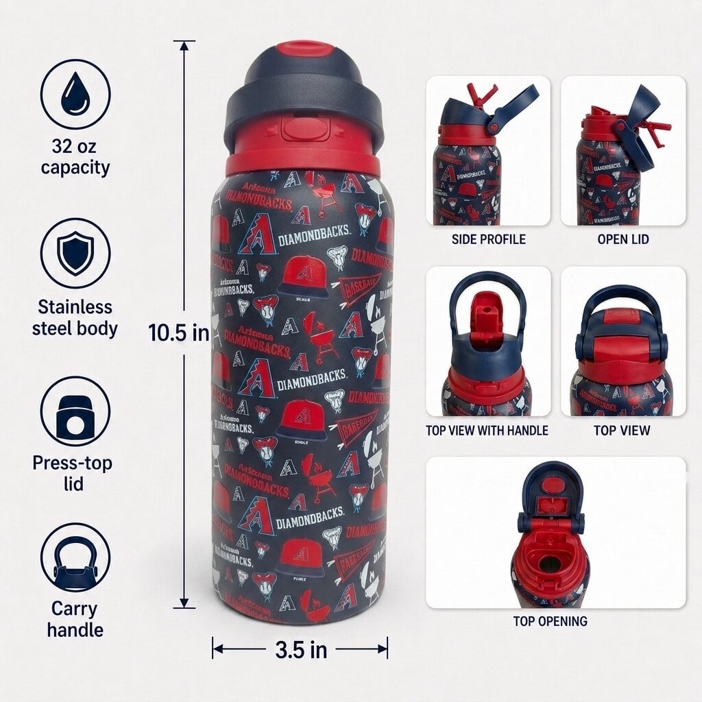 Gourde Pegasus Arizona Diamondbacks 32 oz, fanion de match, en acier inoxydable ProPress