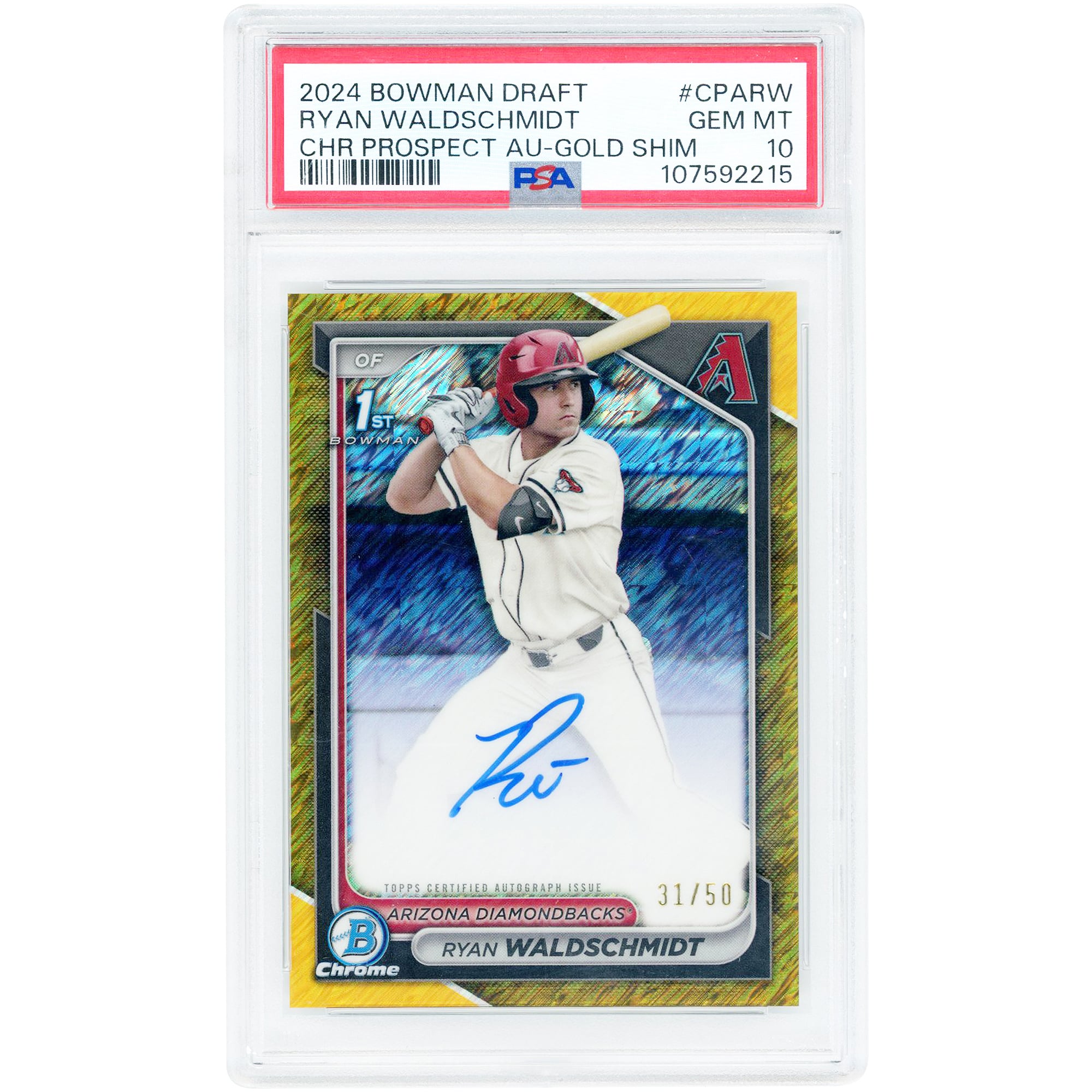Carte autographiée de Ryan Waldschmidt (Arizona Diamondbacks) - Bowman Draft Chrome Prospect Gold Shimmer Refractor 2024 #CPA-RW #31/50 - Authentifiée PSA 10