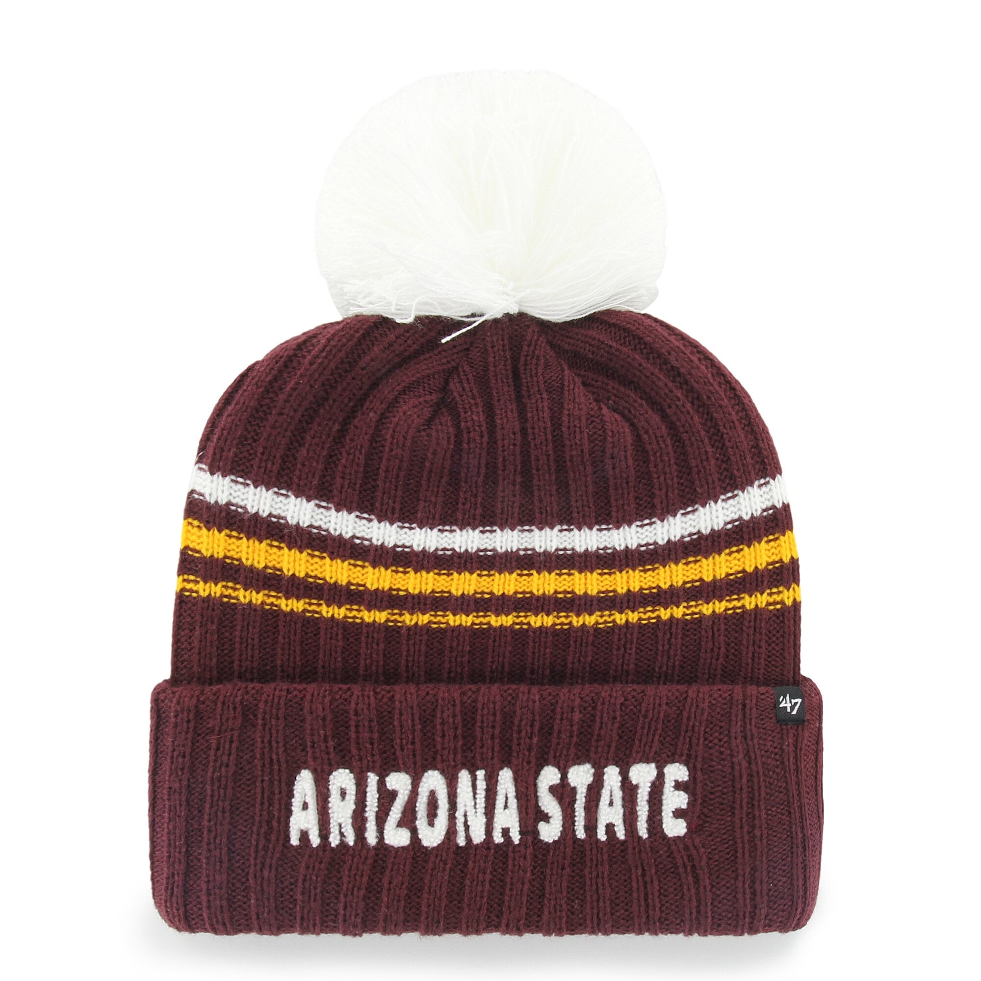 Bonnet tricoté à pompon et inscription duveteuse, modèle saisonnier Arizona State Sun Devils, couleur bordeaux n° 47, pour femme