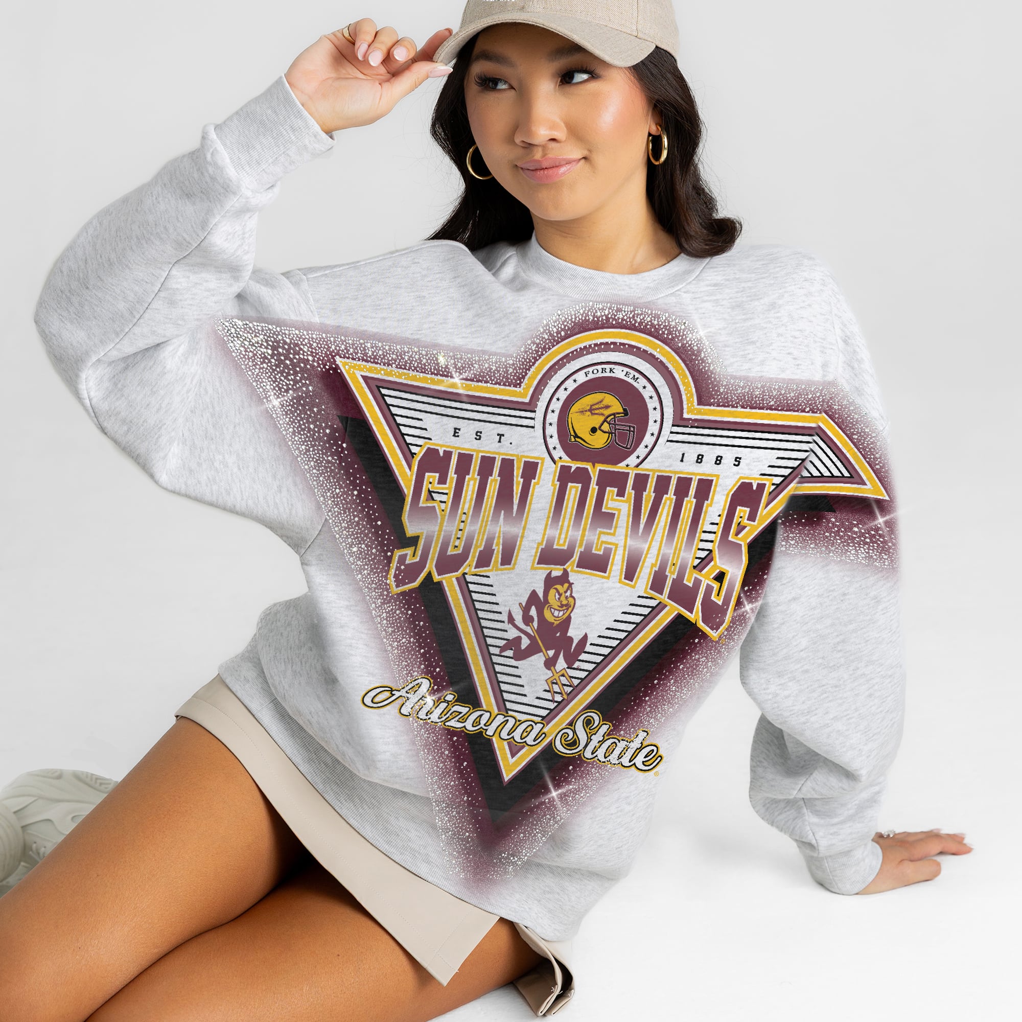Women's Gameday Couture Gray Arizona State Sun Devils Chasing Victory Rhinestone Spray Oversized Fleece Sweatshirt