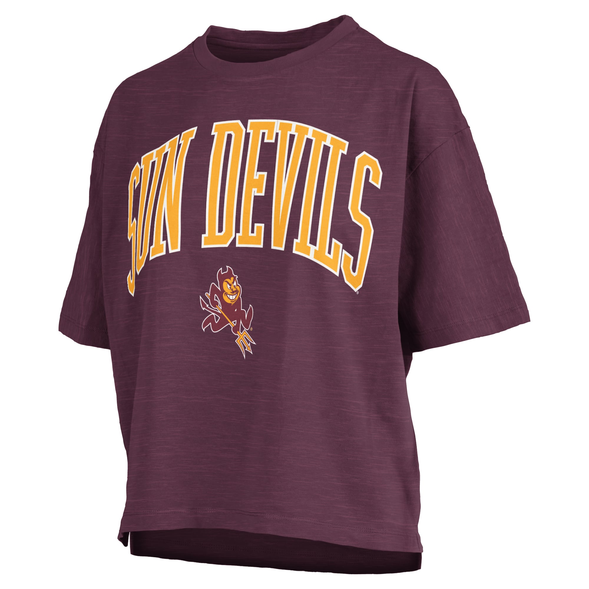T-shirt oversize Pressbox Maroon Arizona State Sun Devils pour femmes, logo Nelson Arch Over, en flammèche