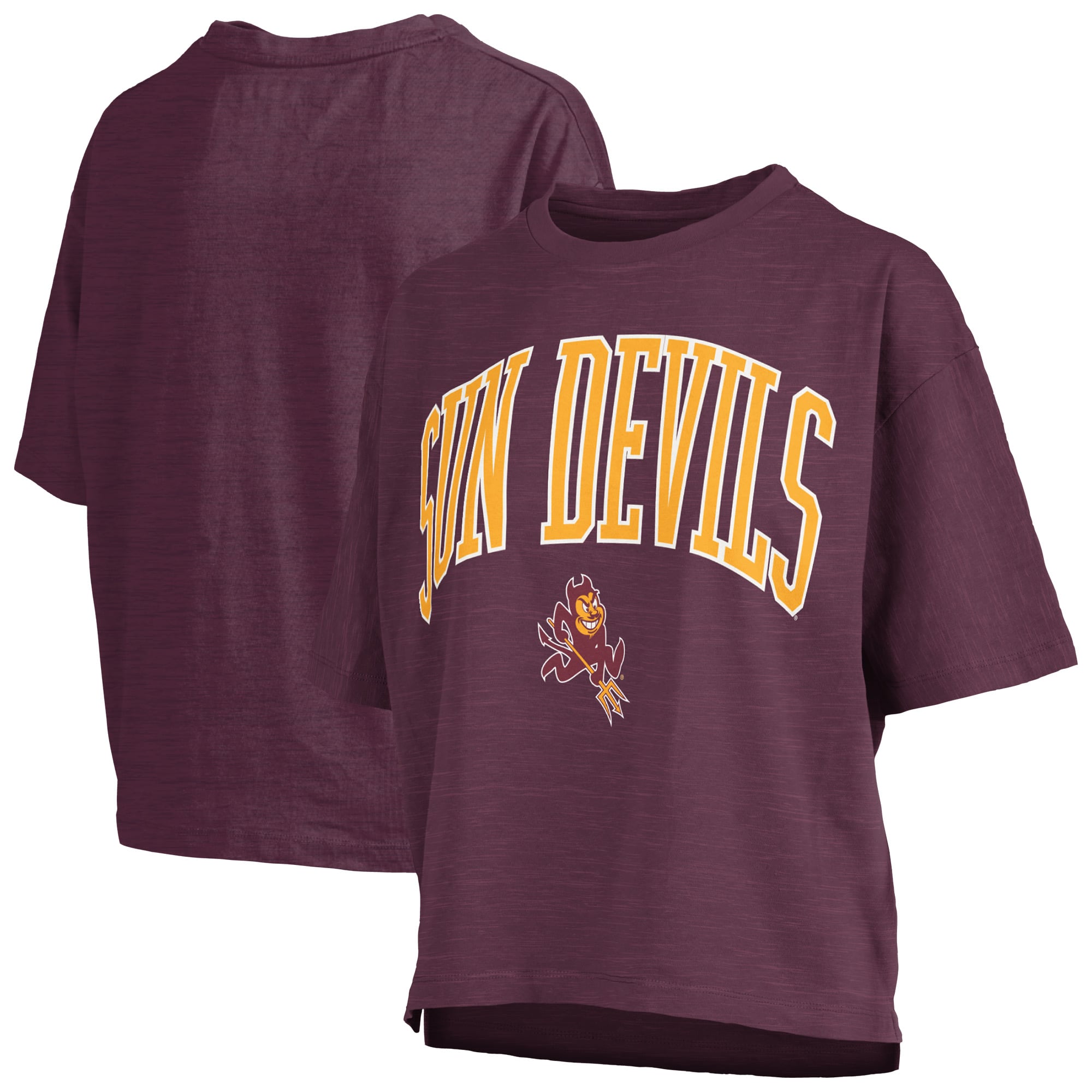 T-shirt oversize Pressbox Maroon Arizona State Sun Devils pour femmes, logo Nelson Arch Over, en flammèche