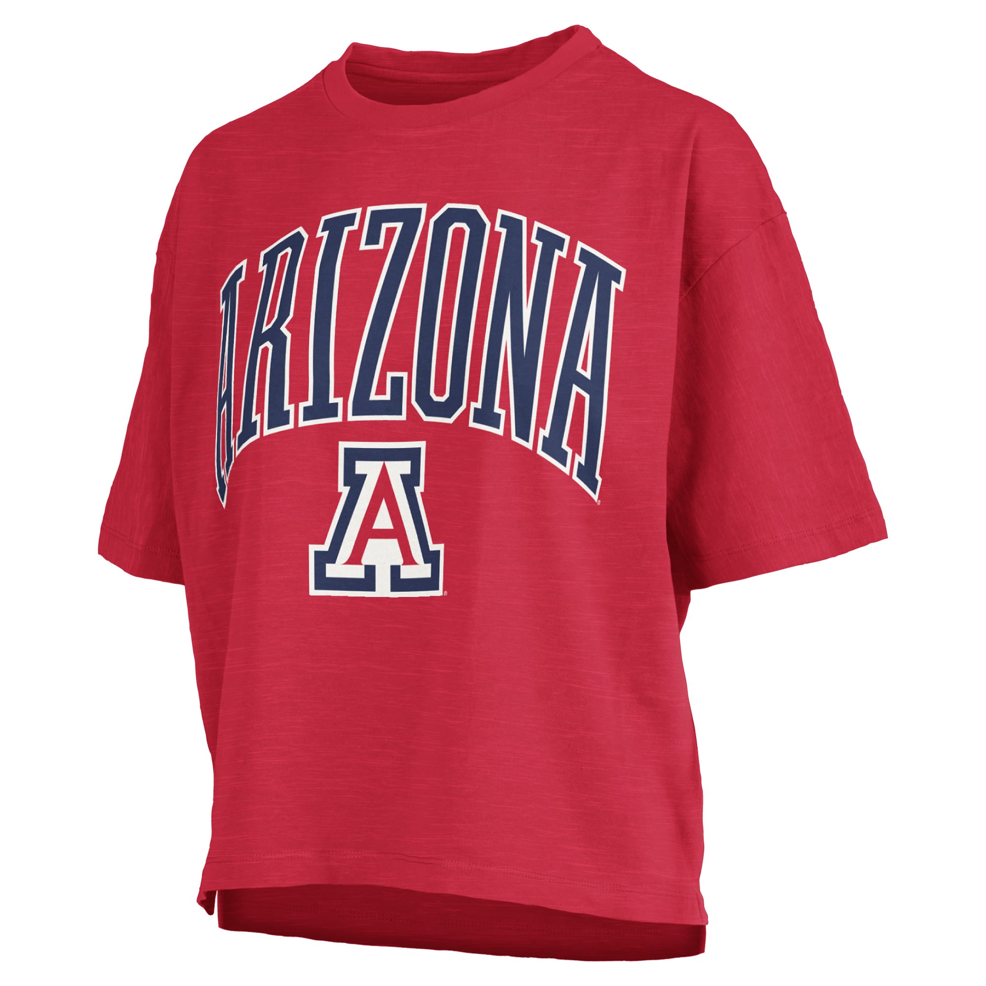T-shirt oversize Pressbox Red Arizona Wildcats pour femmes, logo Nelson Arch Over, en tissu flammé.