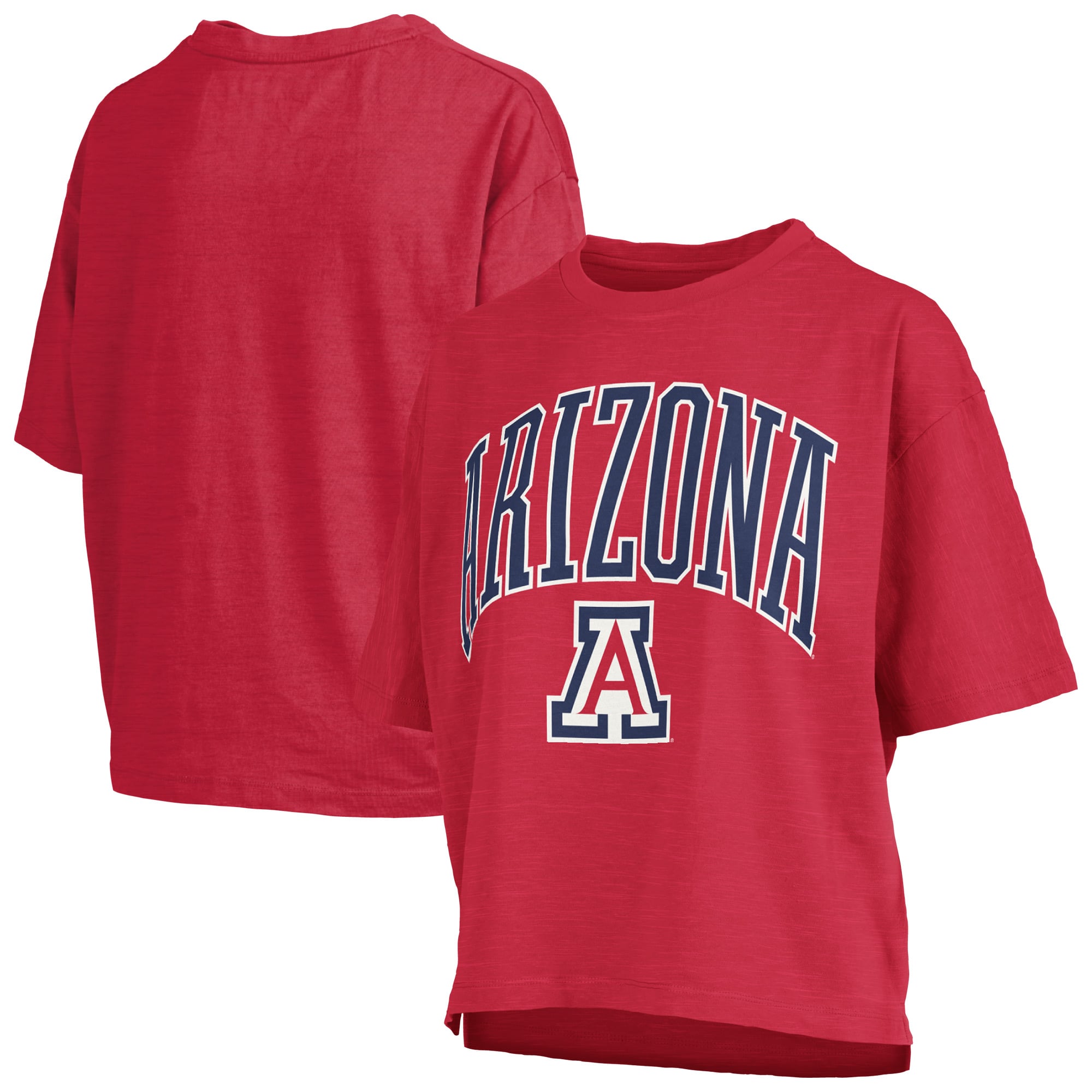 T-shirt oversize Pressbox Red Arizona Wildcats pour femmes, logo Nelson Arch Over, en tissu flammé.