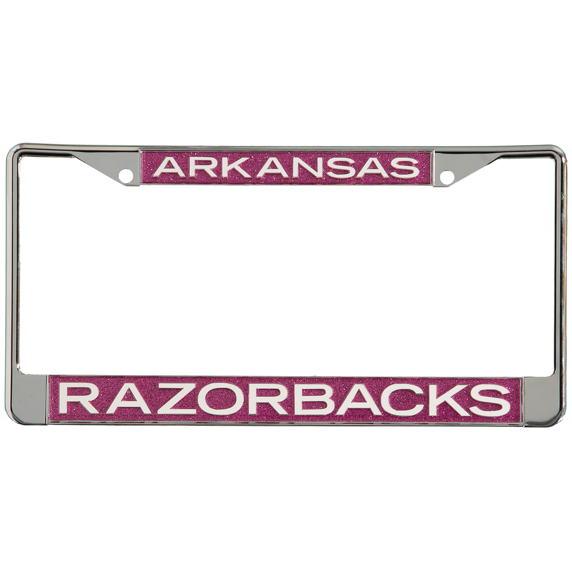 Arkansas Top Rocker Lettering Arkansas Razorbacks Pink Glitter License Plate Frame with White Lettering