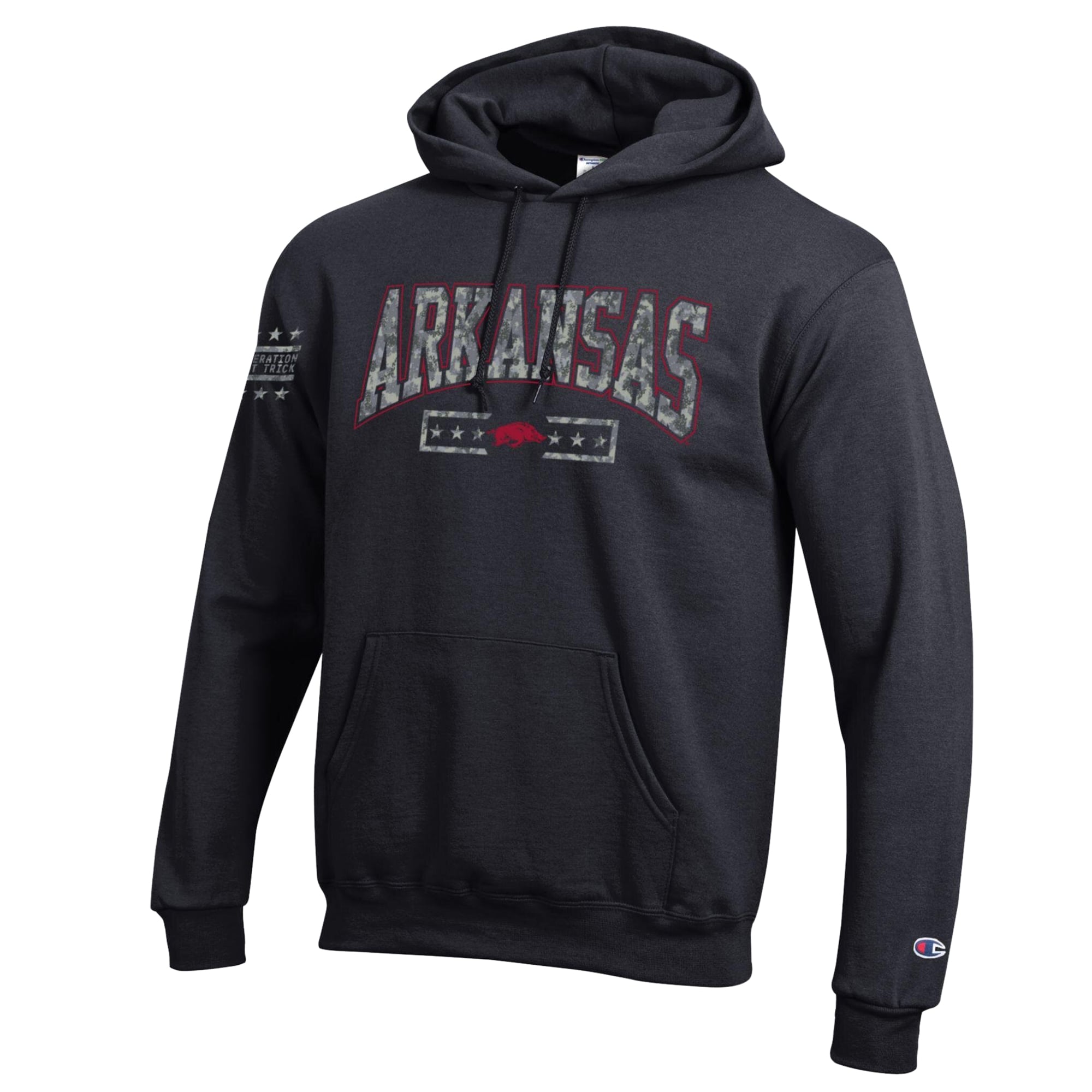 Sweat à capuche en polaire Powerblend Champion Black Arkansas Razorbacks Operation Hat Trick Camo Script pour homme