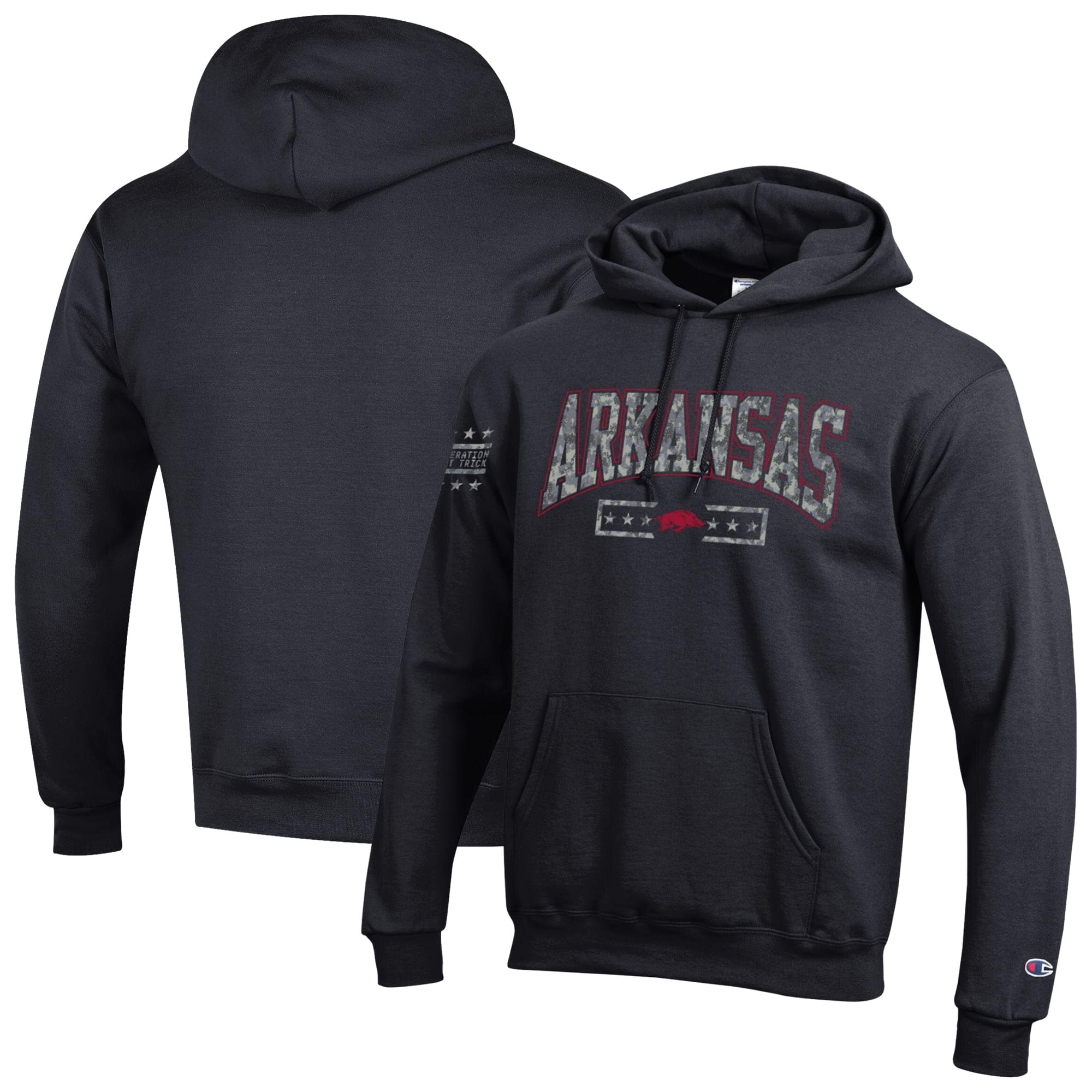 Sweat à capuche en polaire Powerblend Champion Black Arkansas Razorbacks Operation Hat Trick Camo Script pour homme