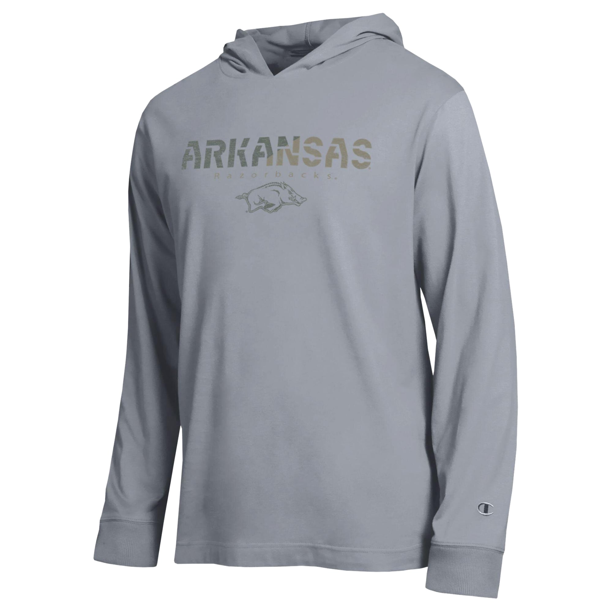 Men's Champion Gray Arkansas Razorbacks Operation Hat Trick Flag Hooded Long Sleeve T-Shirt