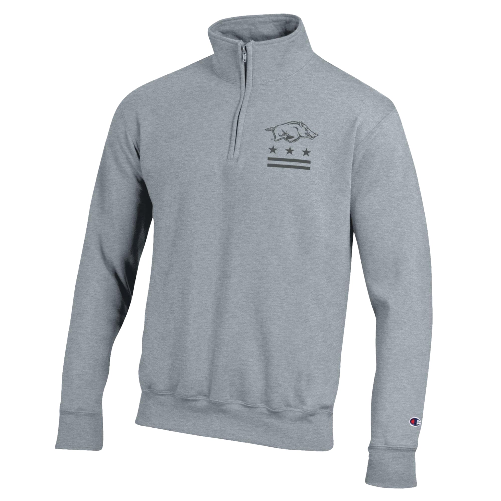 Pull-over à col zippé Champion pour homme, gris chiné, Arkansas Razorbacks, drapeau Operation Hat Trick, en polaire Powerblend.