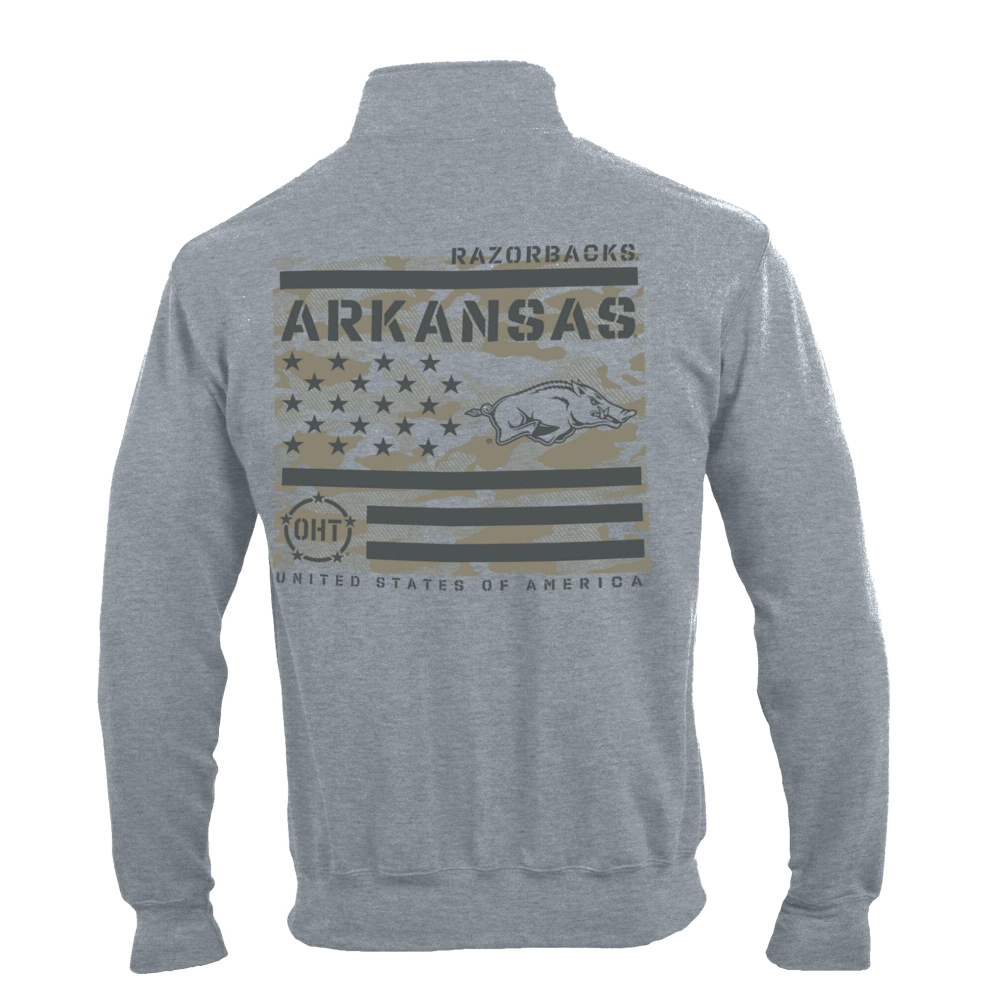 Pull-over à col zippé Champion pour homme, gris chiné, Arkansas Razorbacks, drapeau Operation Hat Trick, en polaire Powerblend.