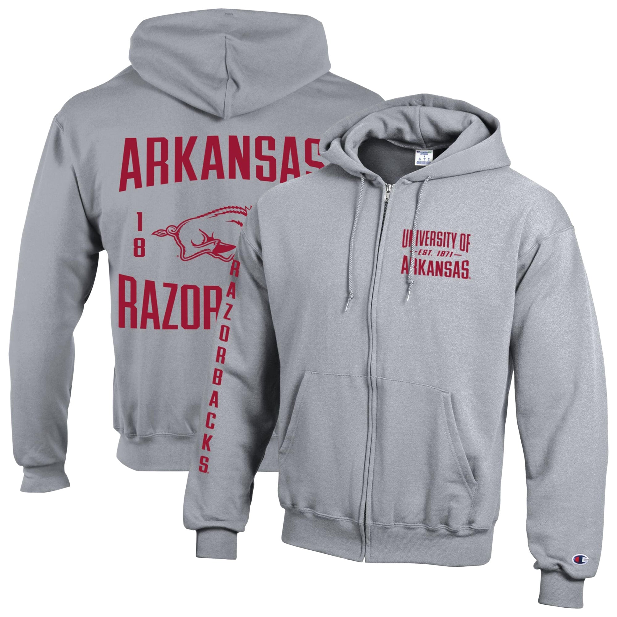 Men's Champion Heather Gray Arkansas Razorbacks Varsity Powerblend Full-Zip Fleece Hoodie
