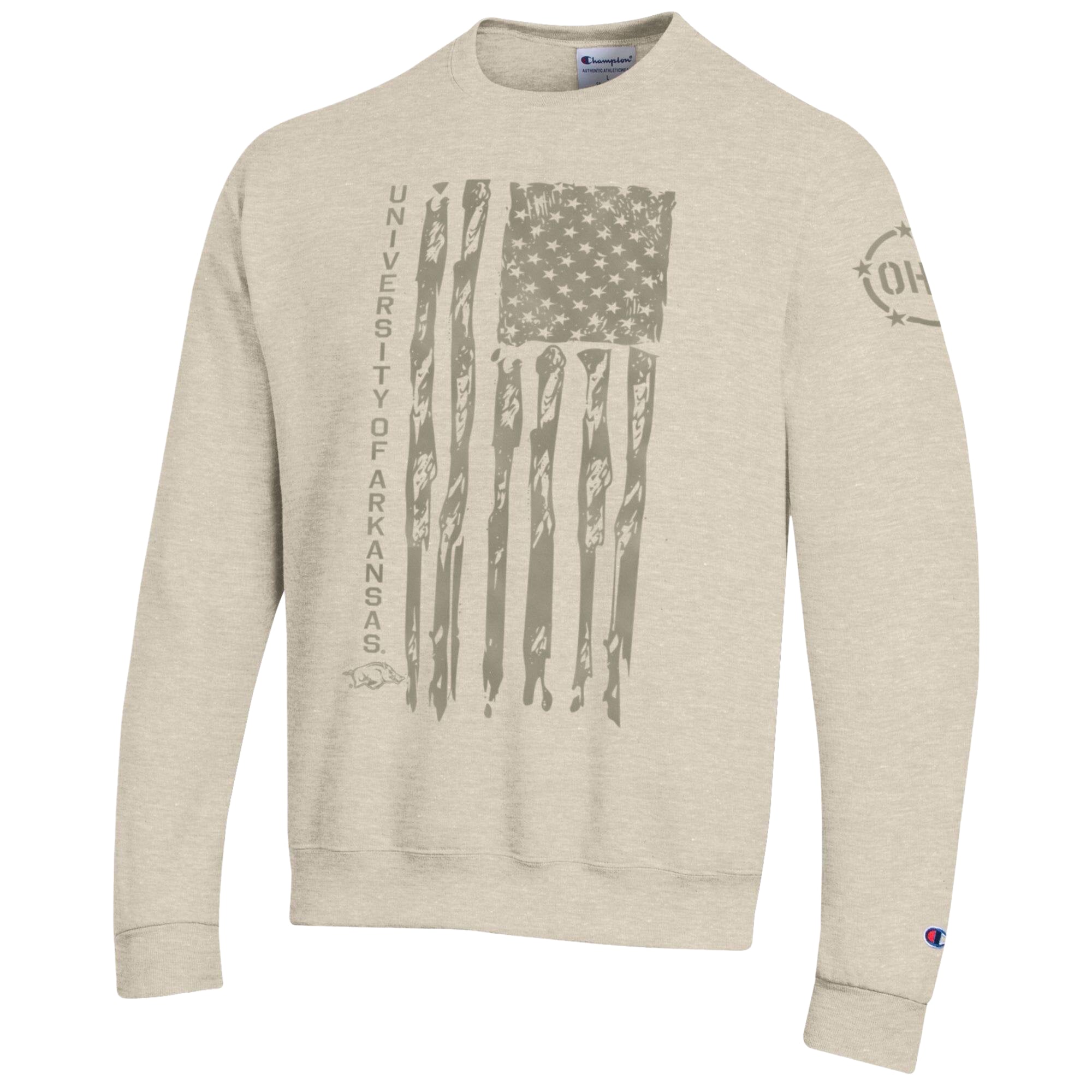 Men's Champion  Oatmeal Arkansas Razorbacks Operation Hat Trick Flag Fleece Crewneck Sweatshirt