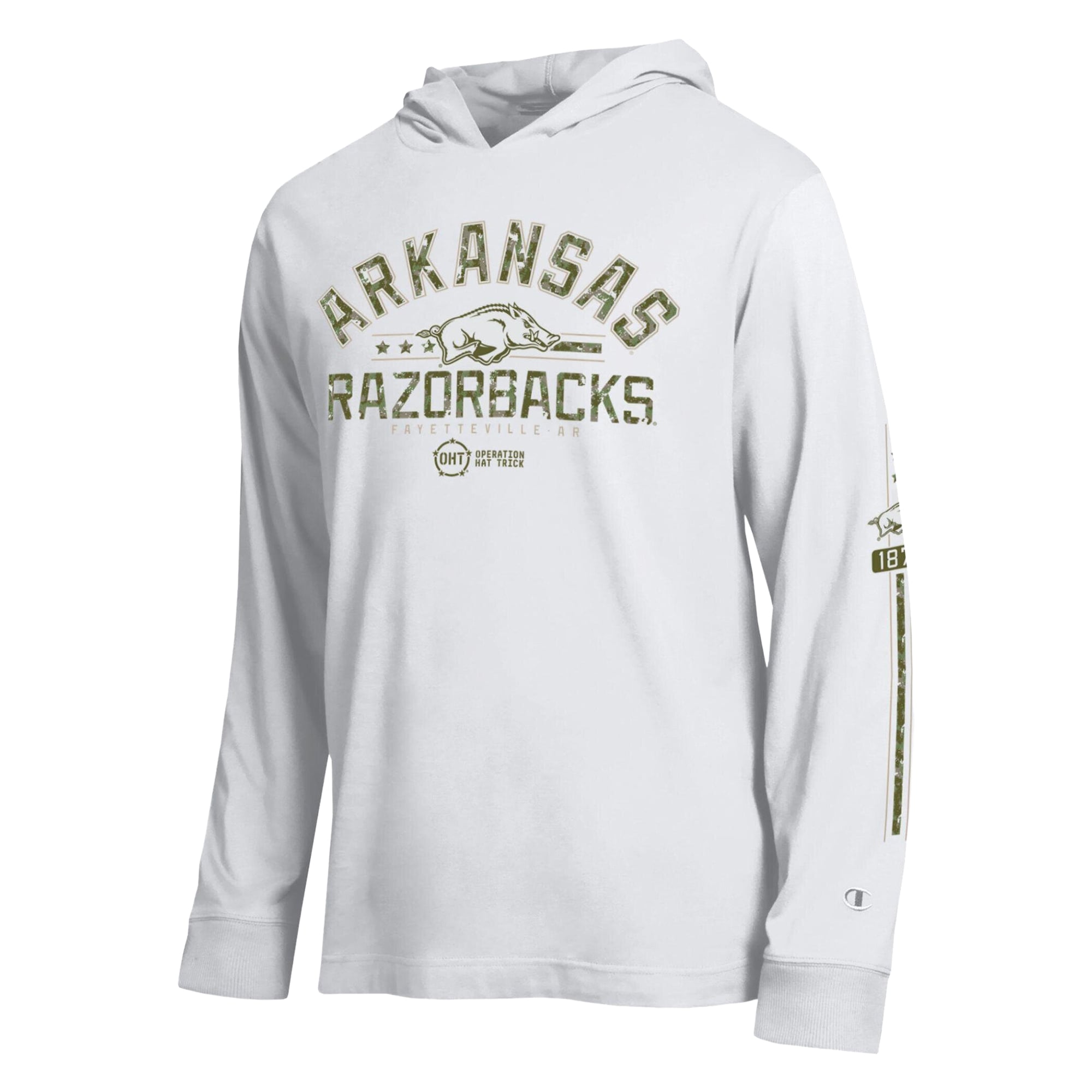 Men's Champion  White Arkansas Razorbacks Operation Hat Trick Sleeve Line Hooded Long T-Shirt
