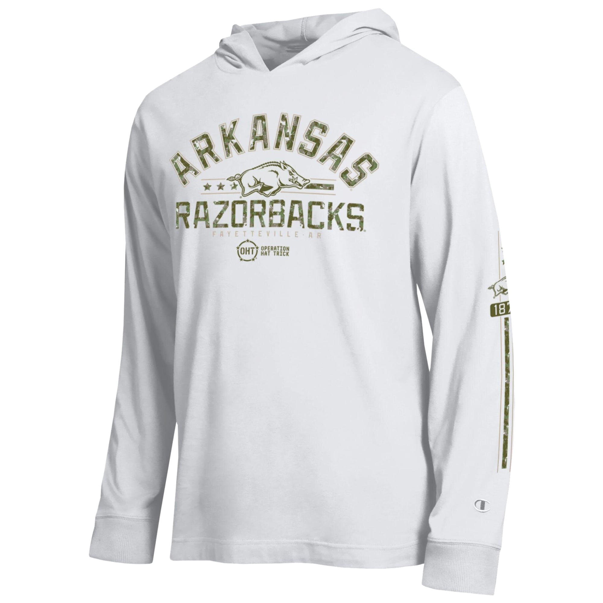 T-shirt à manches longues capuche Champion blanc Arkansas Razorbacks Operation Hat Trick pour homme