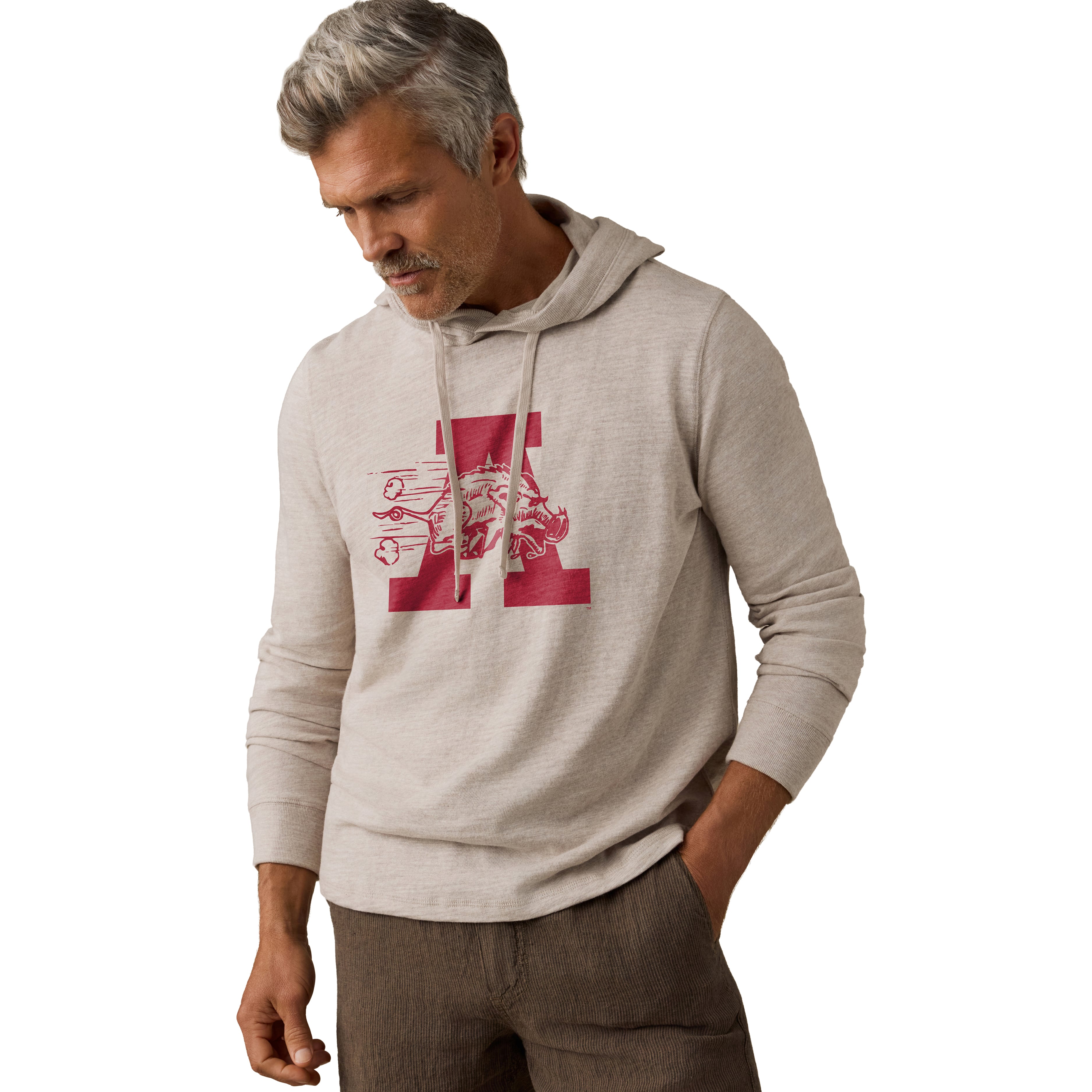 Sweat à capuche FAHERTY pour homme, gris chiné, Arkansas Razorbacks, effet délavé.