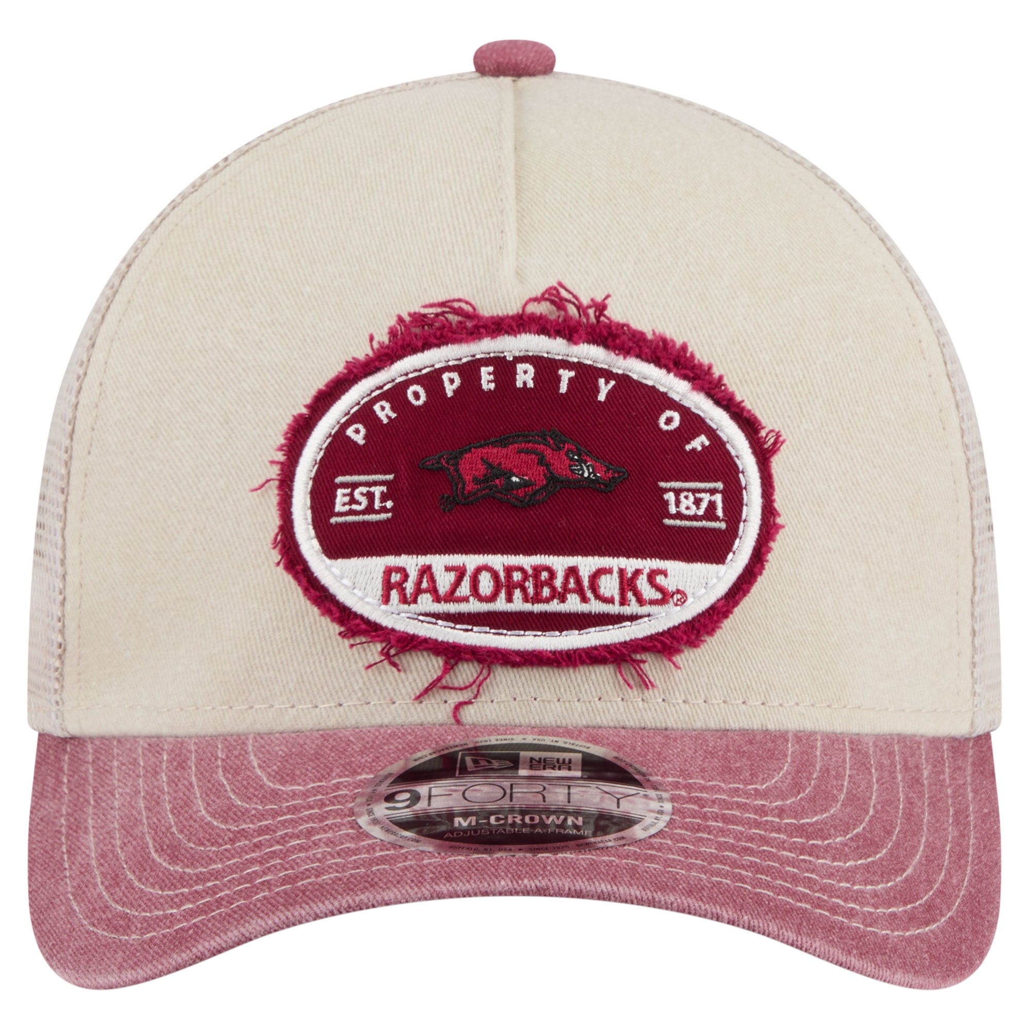 Men's New Era Stone/Cardinal Arkansas Razorbacks Frayed Patch 9FORTY M-Crown A-Frame Trucker Adjustable Hat