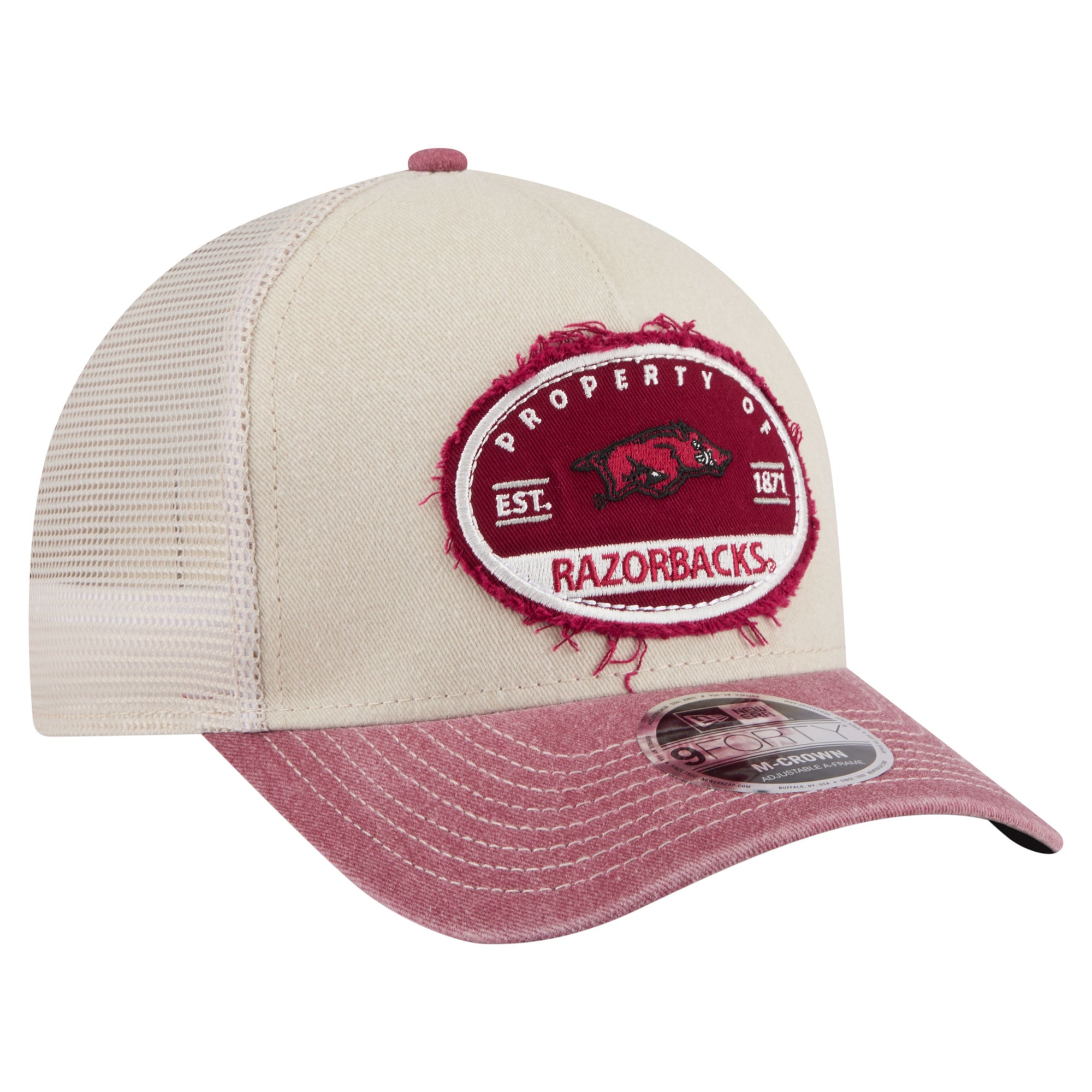 Men's New Era Stone/Cardinal Arkansas Razorbacks Frayed Patch 9FORTY M-Crown A-Frame Trucker Adjustable Hat