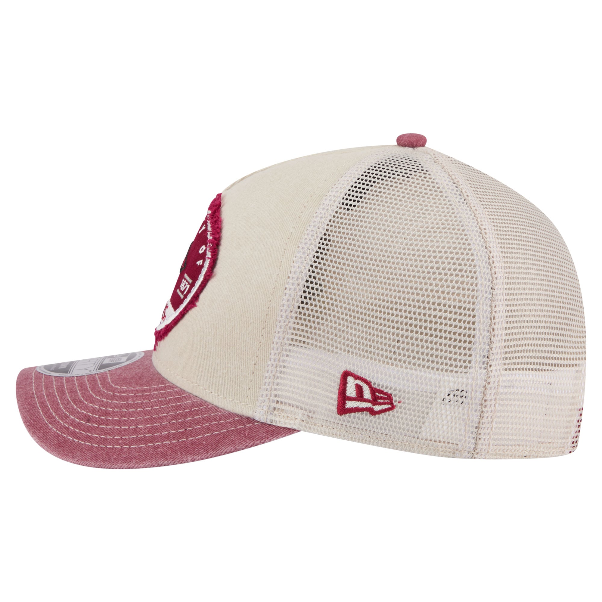 Men's New Era Stone/Cardinal Arkansas Razorbacks Frayed Patch 9FORTY M-Crown A-Frame Trucker Adjustable Hat