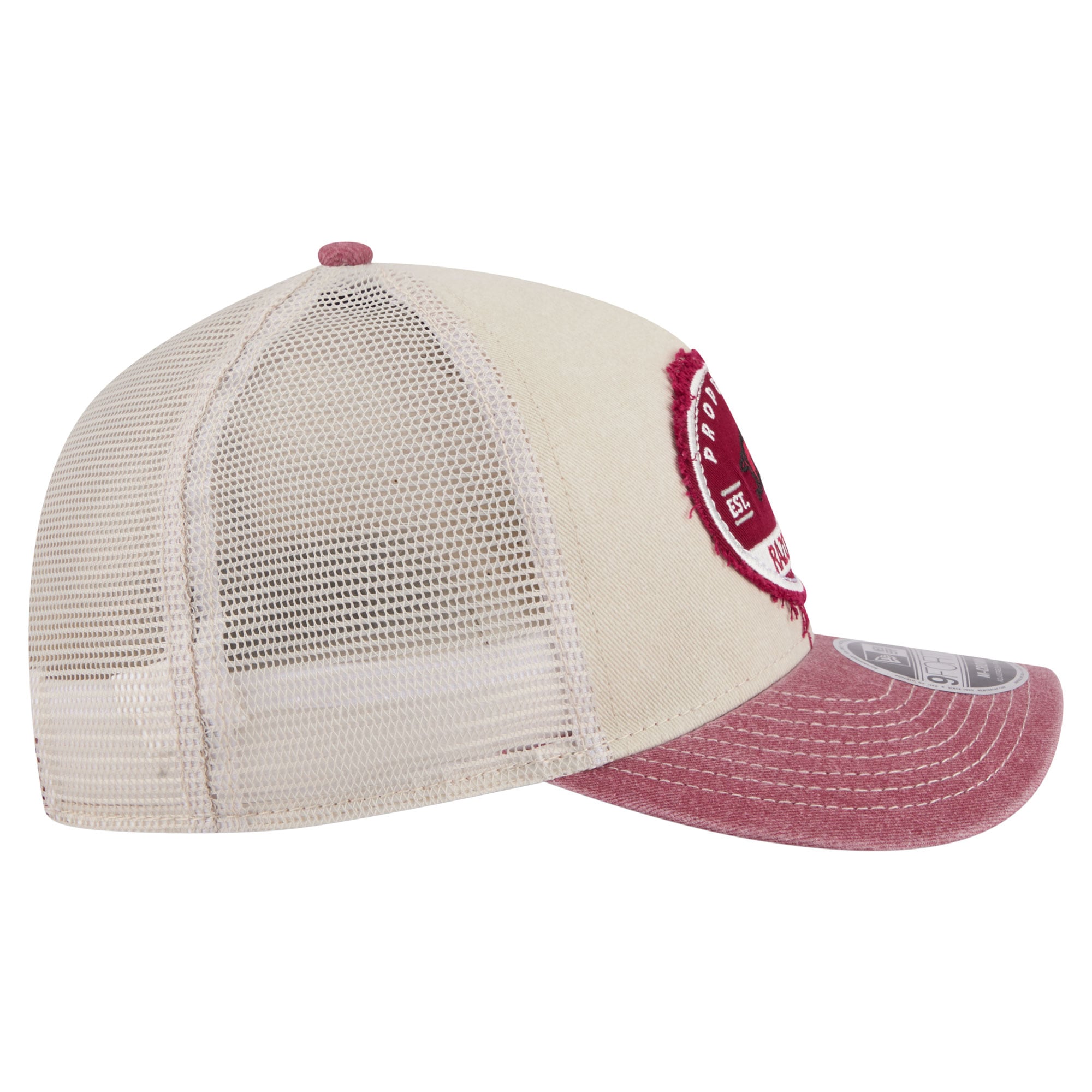 Men's New Era Stone/Cardinal Arkansas Razorbacks Frayed Patch 9FORTY M-Crown A-Frame Trucker Adjustable Hat