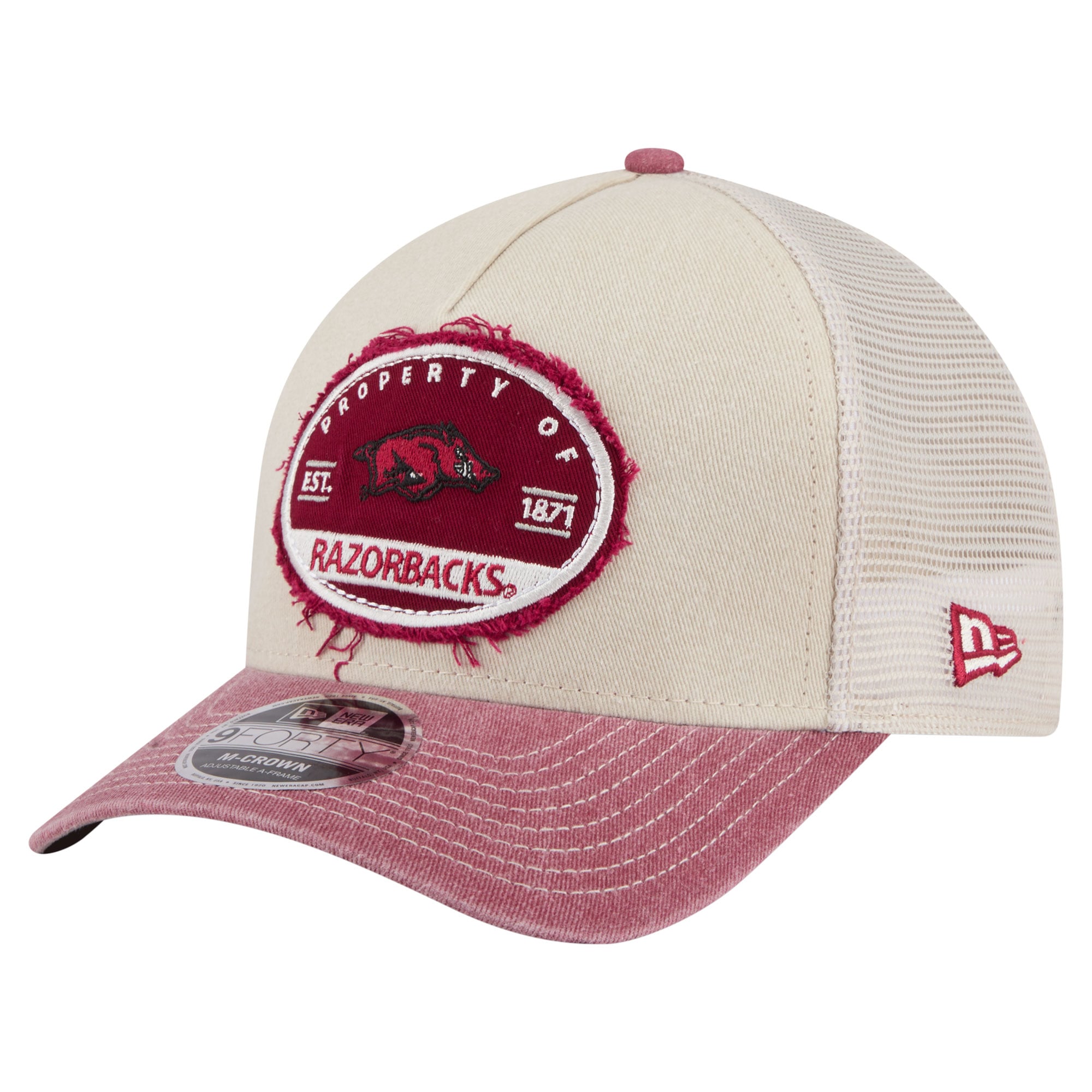 Men's New Era  Stone/Cardinal Arkansas Razorbacks Frayed Patch 9FORTY M-Crown A-Frame Trucker Adjustable Hat